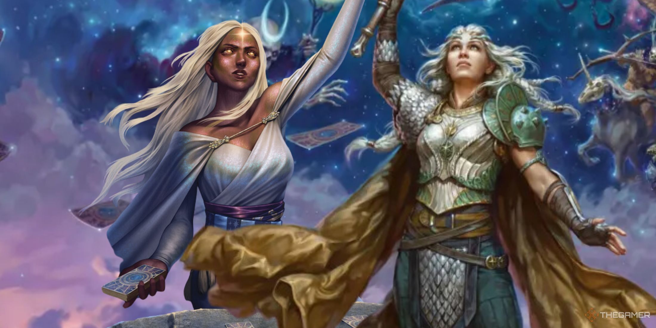 Dos damas de DND empuñando algo con un fondo de cielo nocturno. 