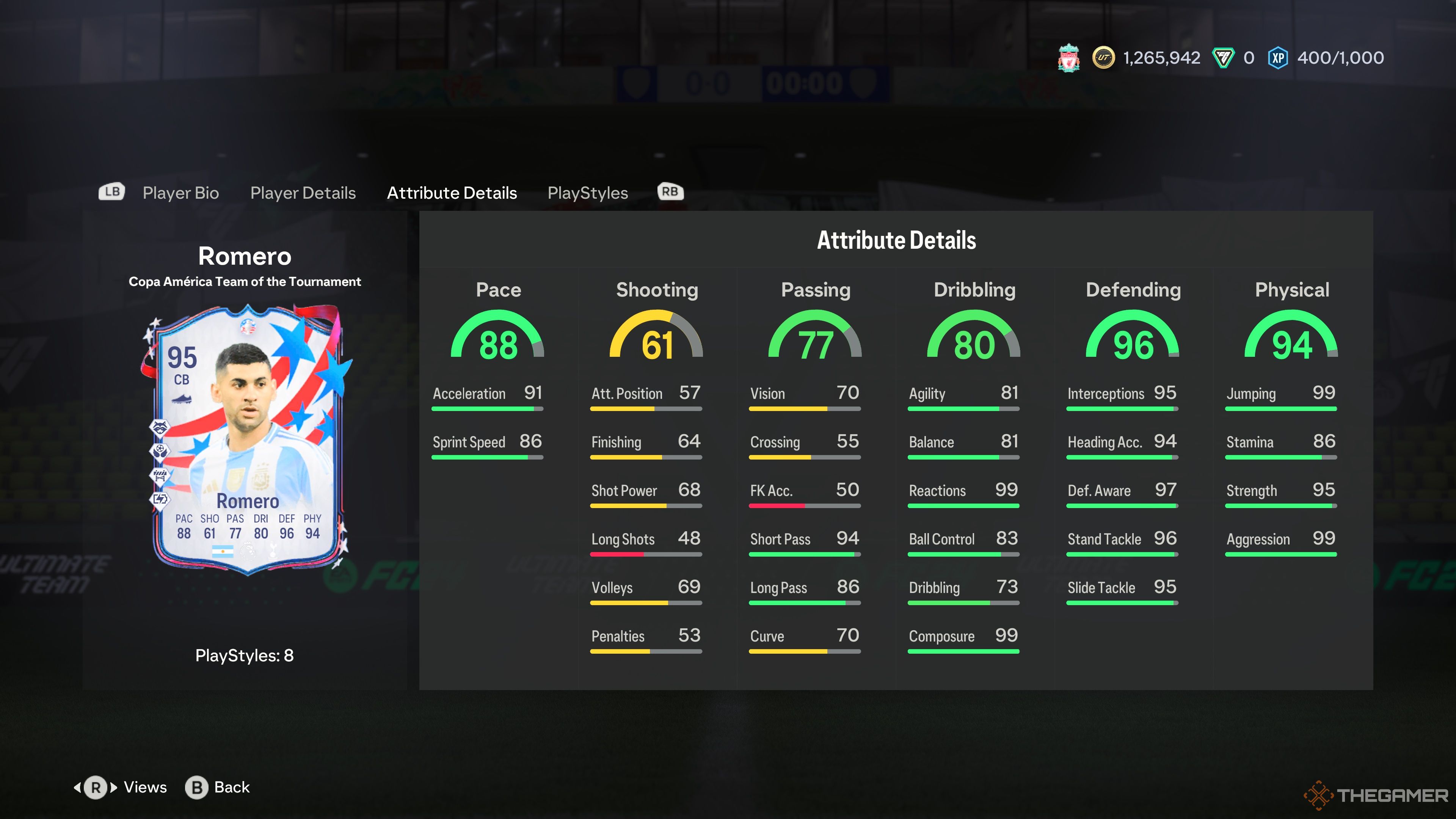 Atributos de la carta desafío del equipo del torneo de Cristian Romero en EA Sports FC 24.