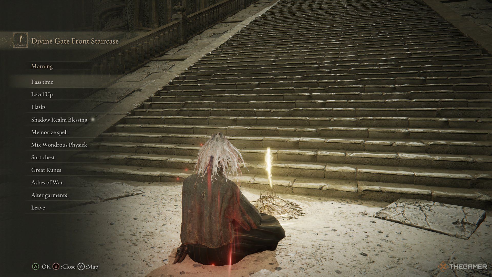 'Escalera frontal de la Puerta Divina' Sitio de Gracia justo antes de luchar contra el jefe final de Elden Ring: Shadow of the Erdtree.