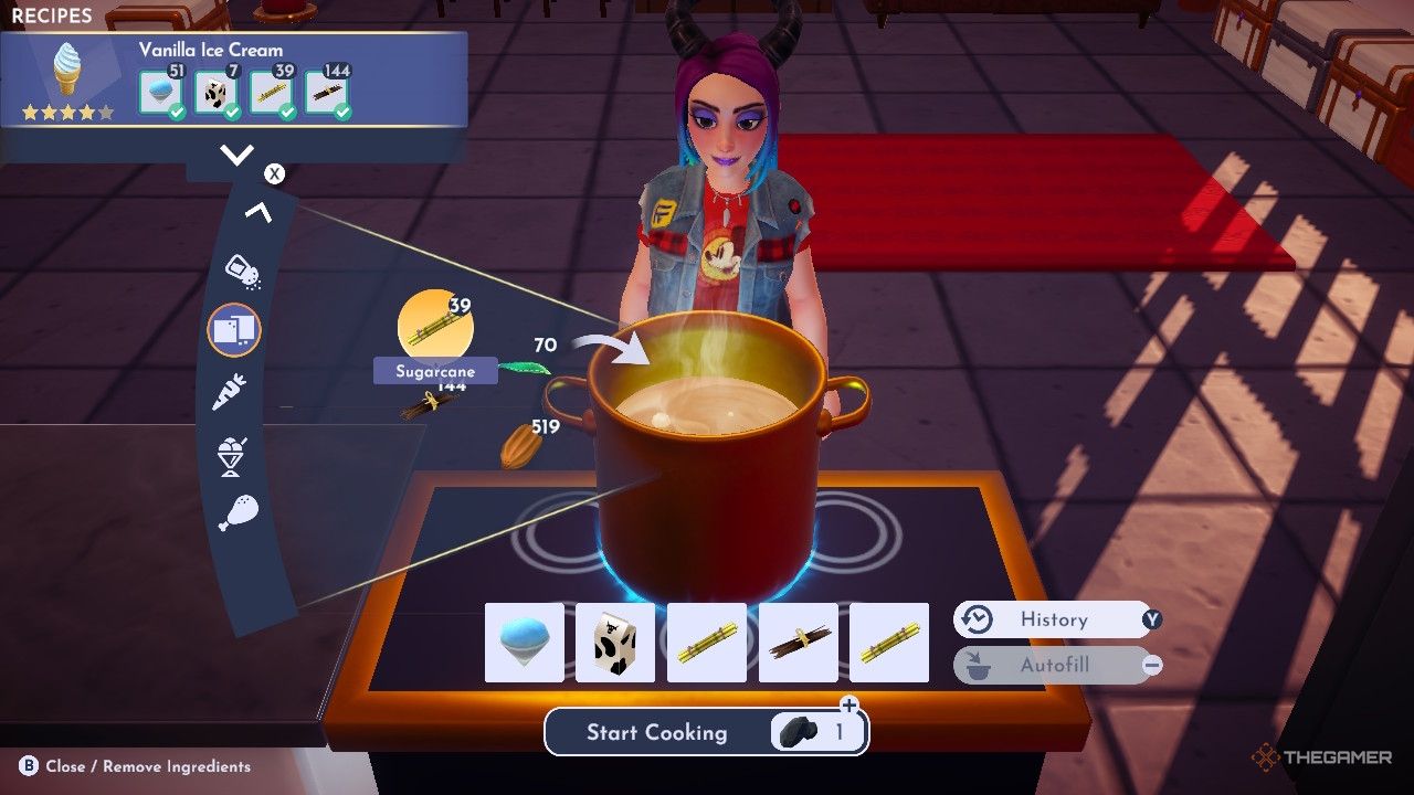Avatar de Disney Dreamlight Valley cocinando helado de vainilla con una receta ligeramente modificada.