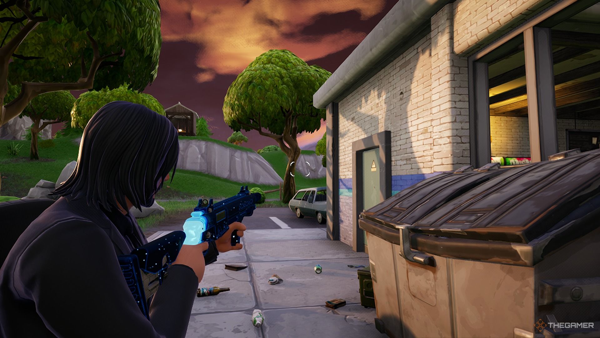 John Wick apuntando con la escopeta Thunder en Fortnite. 