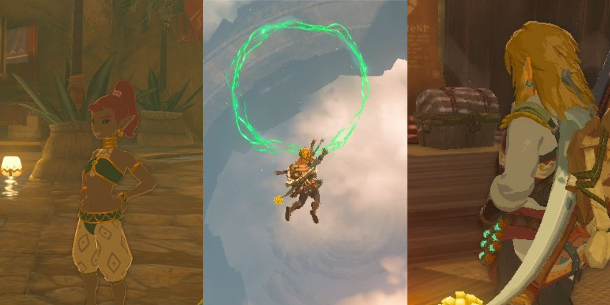 Collage de Zelda Tears of the Kingdom de una niña Gerudo (izquierda), Link lanzándose hacia un orbe verde (centro) y Link en la tienda de cofres del tesoro (derecha)
