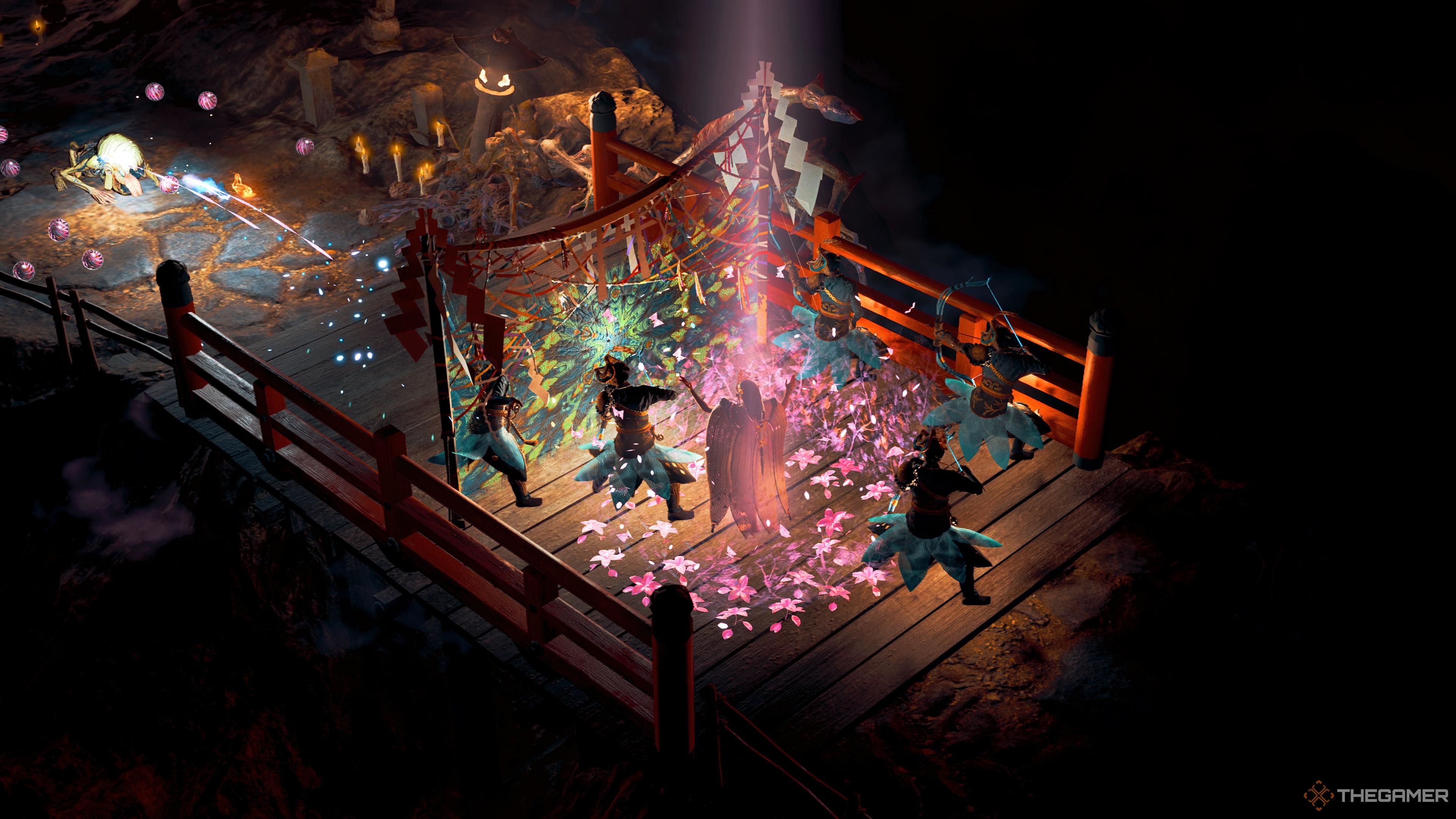 Sendero de la Diosa Kunitsu-Gami. Arqueros defendiendo a Yoshiro en el puente durante la primera sección.