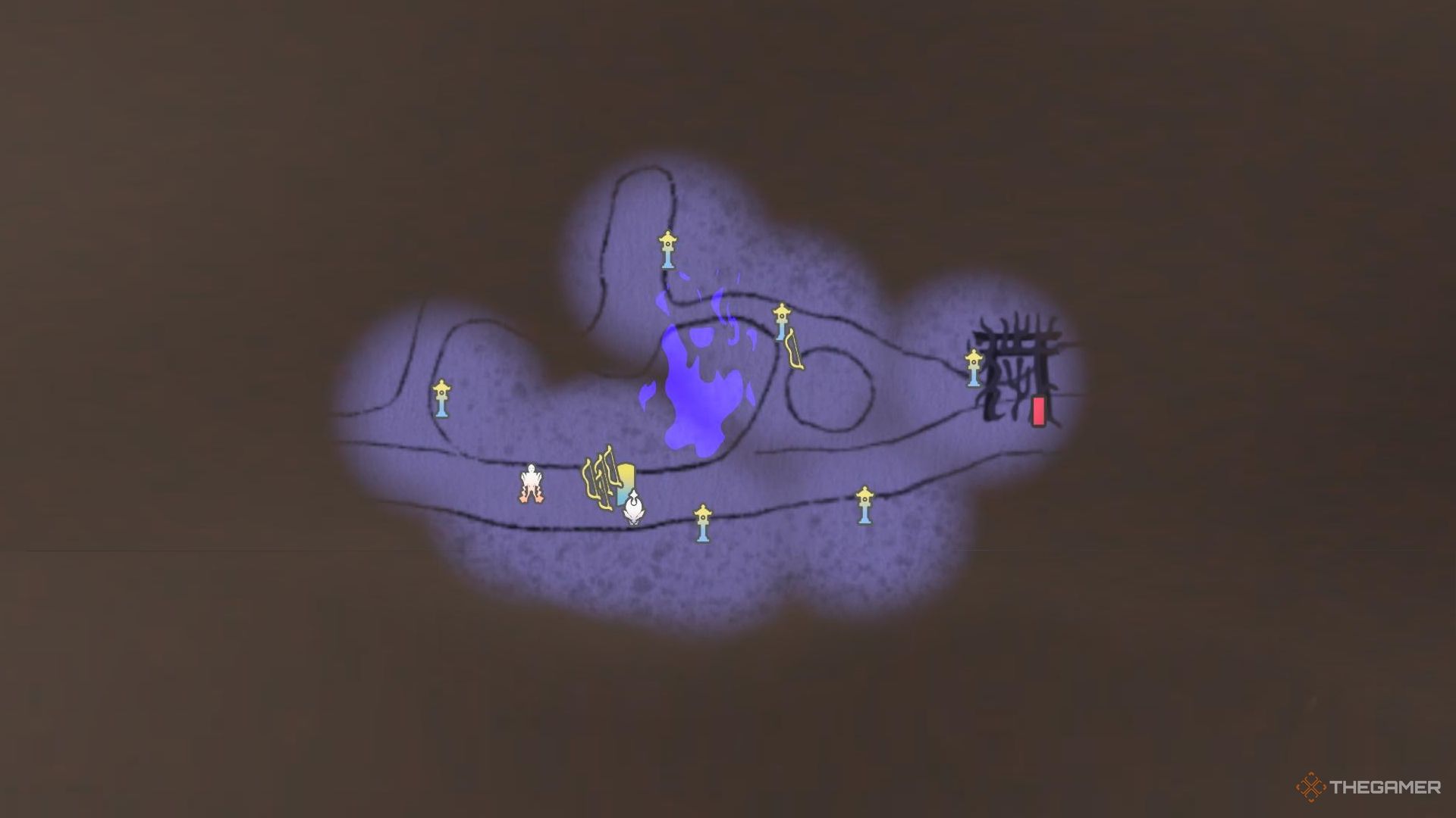 Sendero Kunitsu-Gami de la Diosa. Mapa de la Caverna Yuan que muestra la ubicación de las linternas.