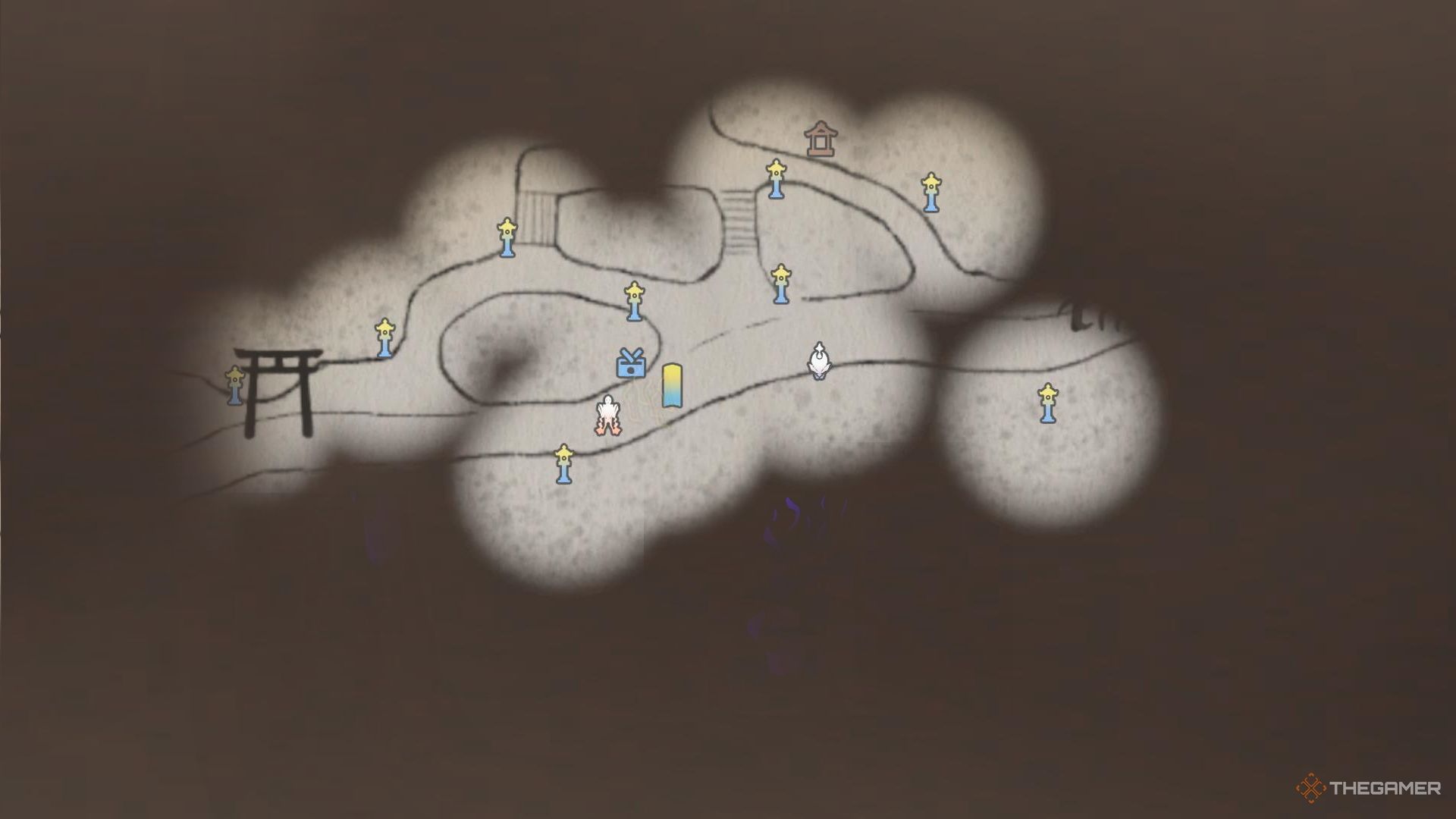 Sendero Kunitsu-Gami de la Diosa. Mapa de la Caverna Yuan que muestra la ubicación de las linternas en la segunda parte de la caverna.
