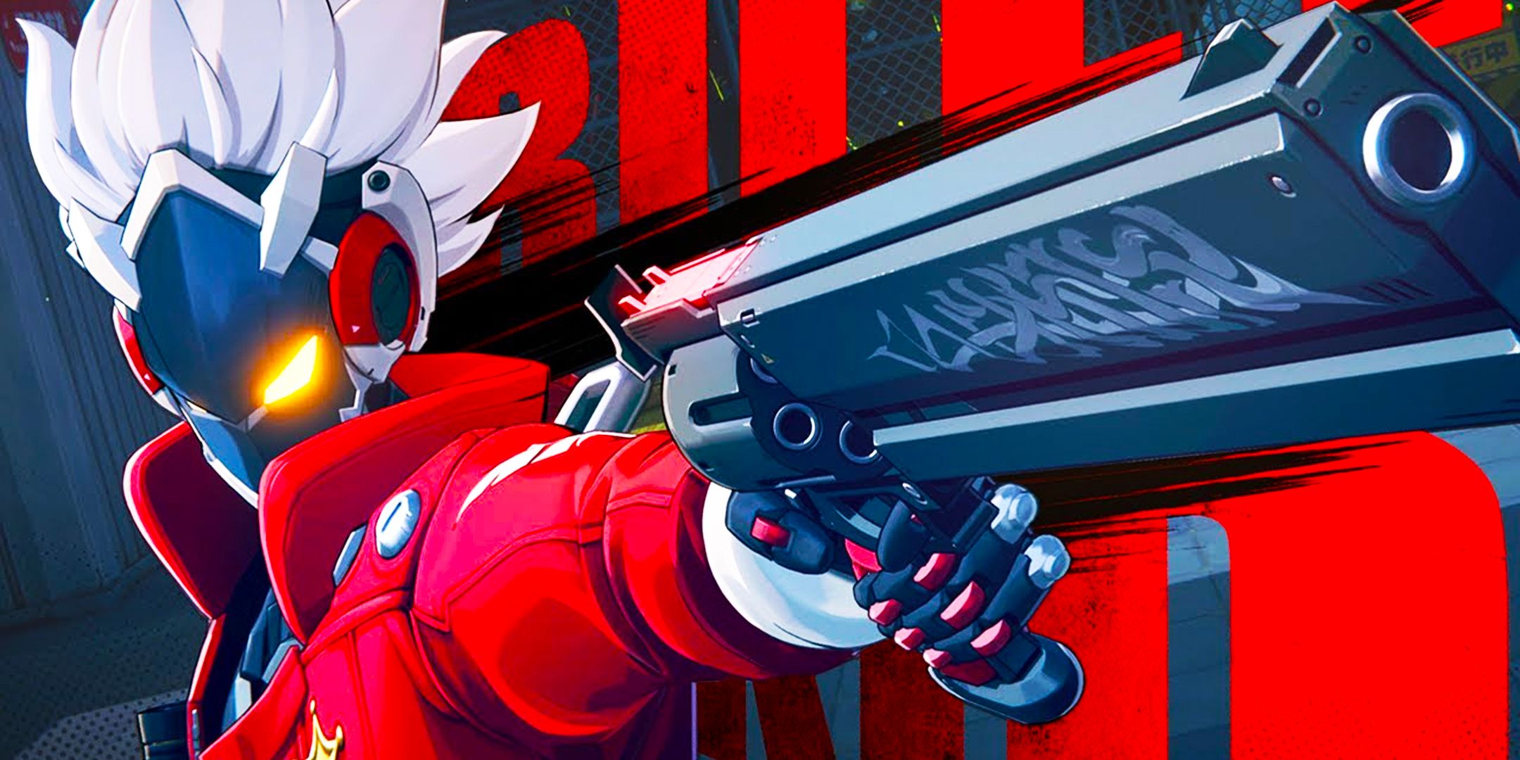 Zenless Zone Zero Billy Kid apuntando con una pistola más allá de la cámara frente a su nombre escrito en gran texto rojo