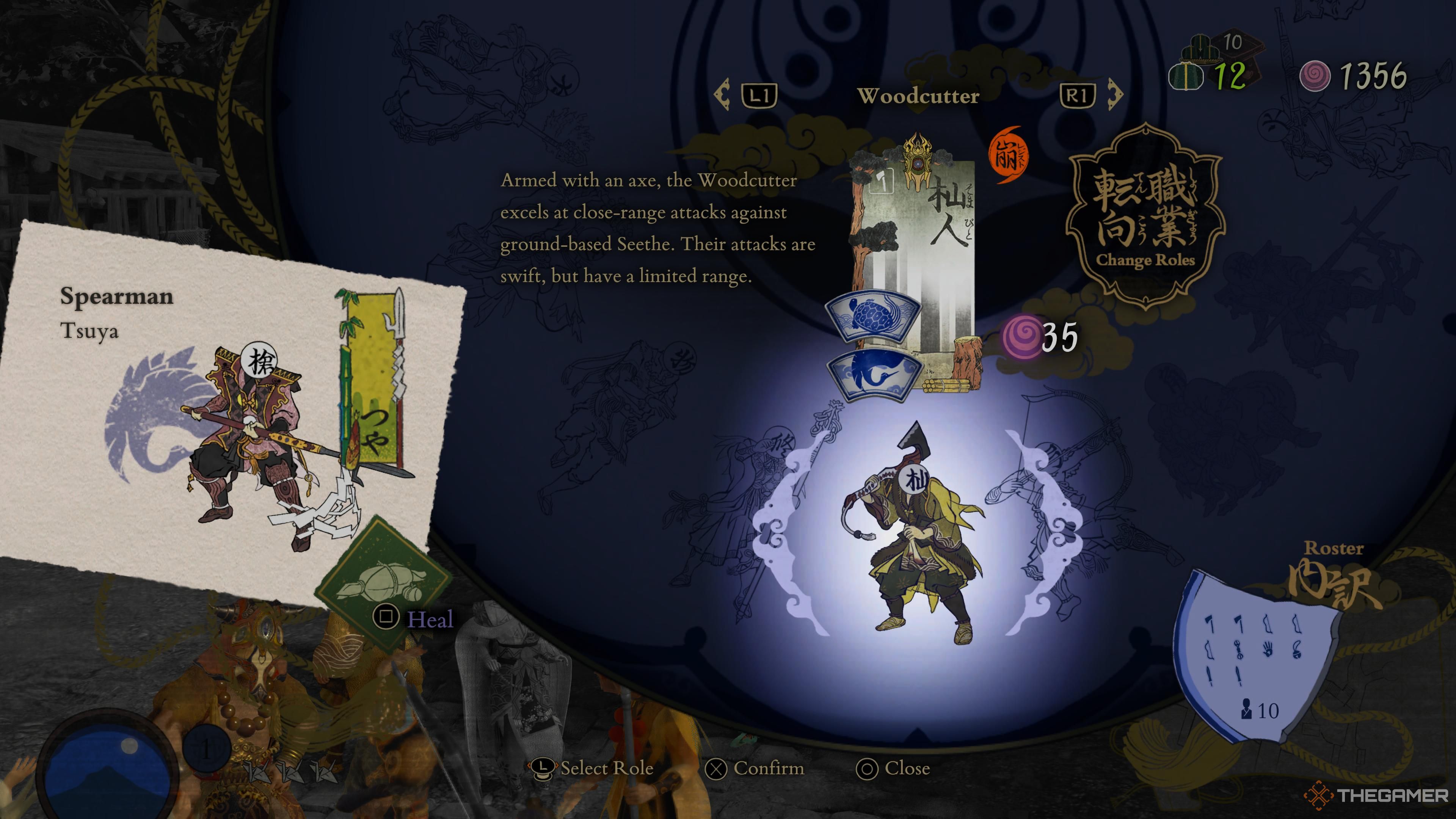La pantalla de selección de roles en Kunitsu-Gami: Path of the Goddess destacando a un lancero y a un leñador.