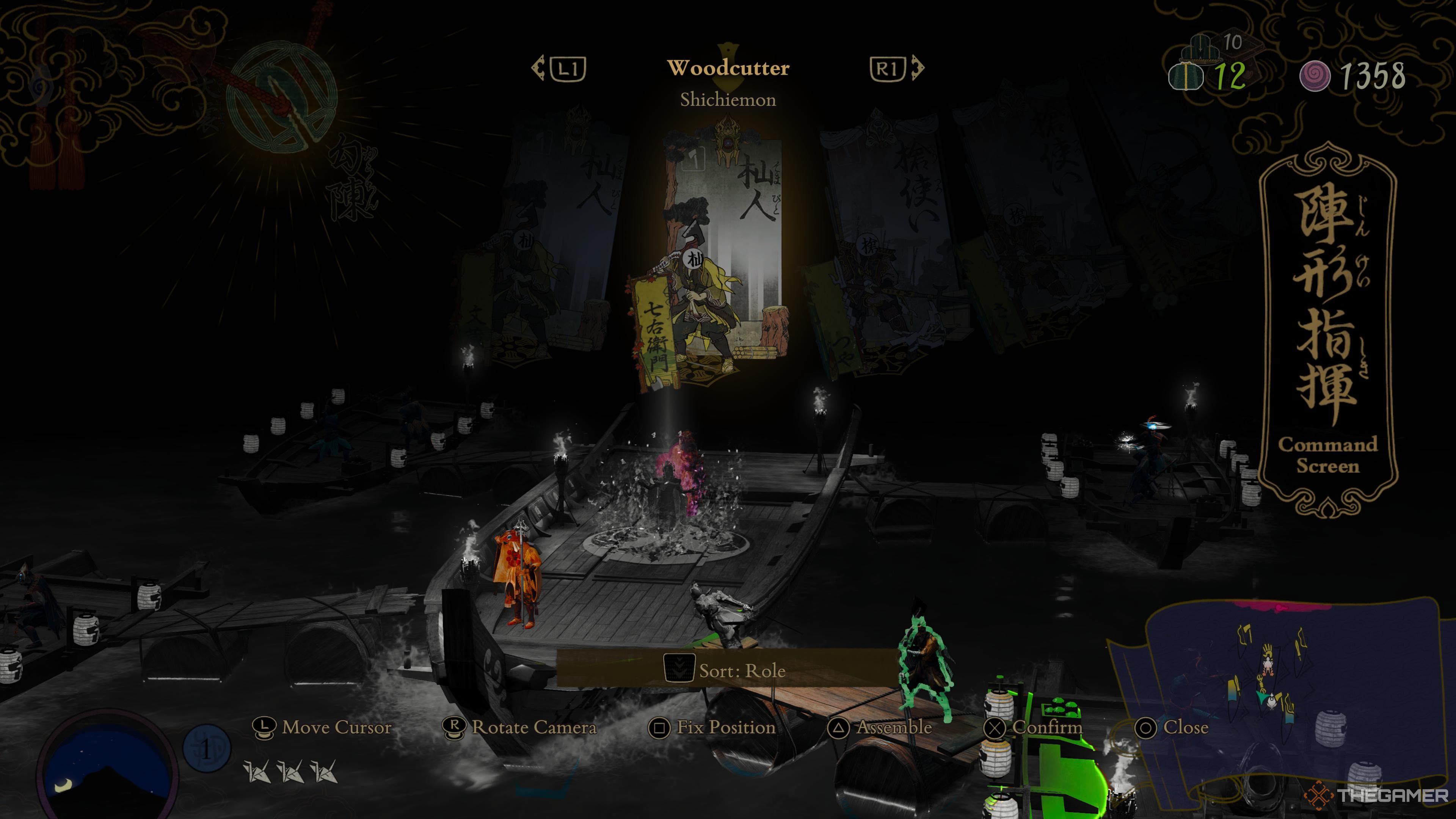 La vista de la pantalla de comando en Kunitsu-Gami: Path of the Goddess con algunos aldeanos resaltados en verde.