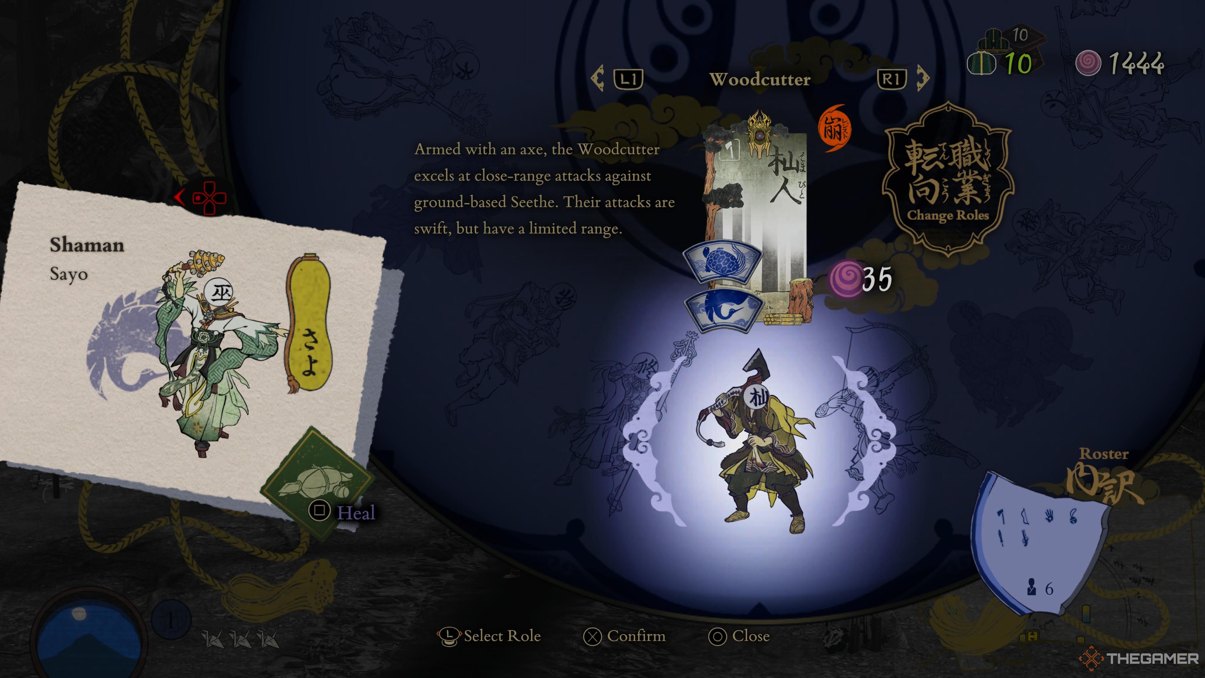 La pantalla de la sección de roles en Kunitsu-Gami: Path of the Goddess con los roles de chamán y leñador resaltados.
