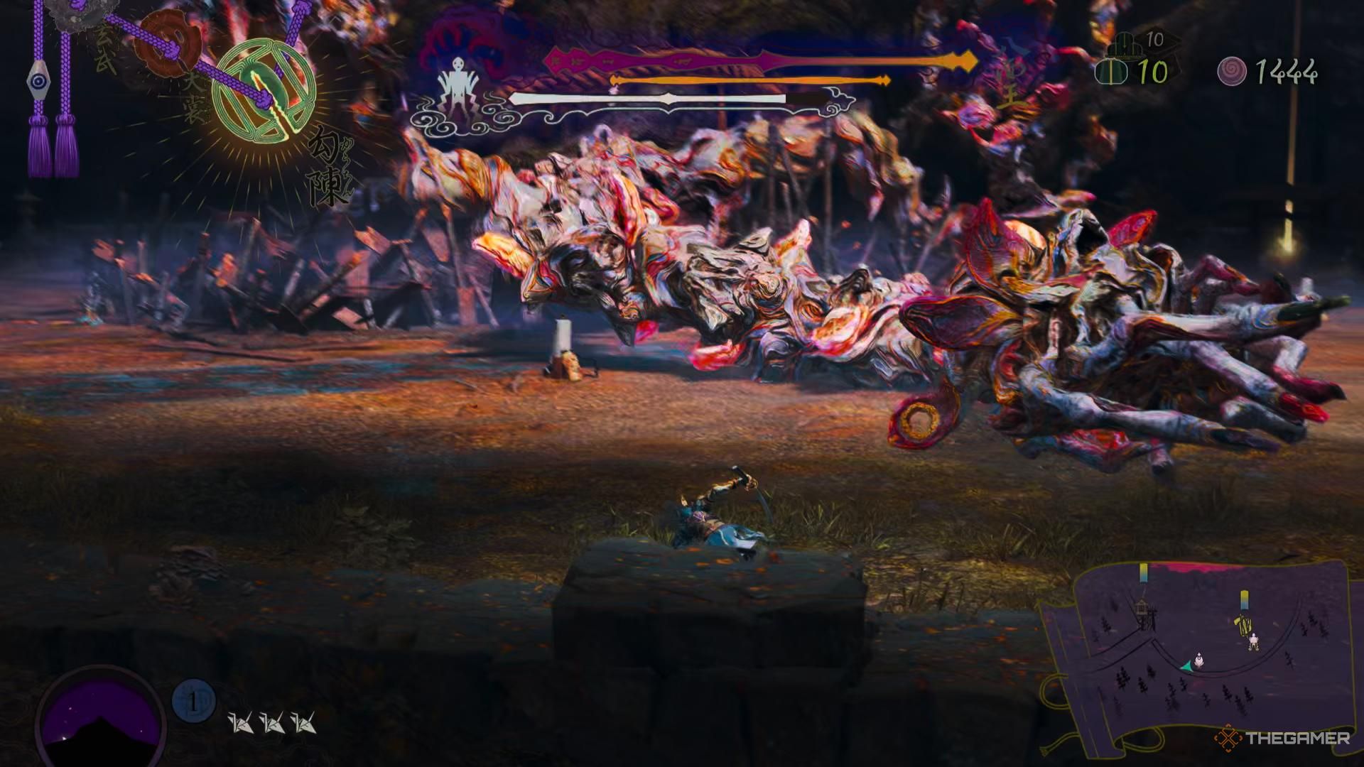 Soh esquiva el ataque Root Thrust de Yatsurao, revelando sus lenguas brillantes en Kunitsu-Gami: Path of the Goddess.