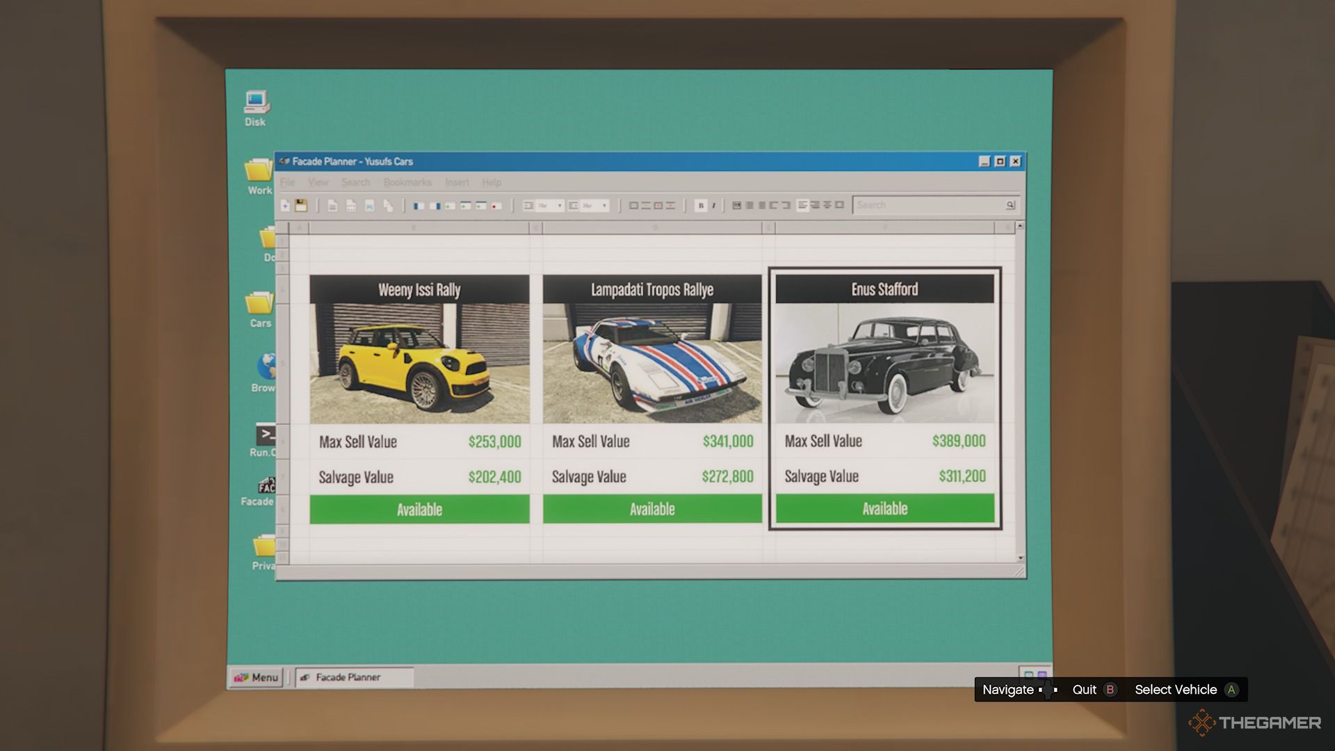 Pantalla de computadora que muestra las opciones de automóviles en Salvage Yard en Grand Theft Auto Online.