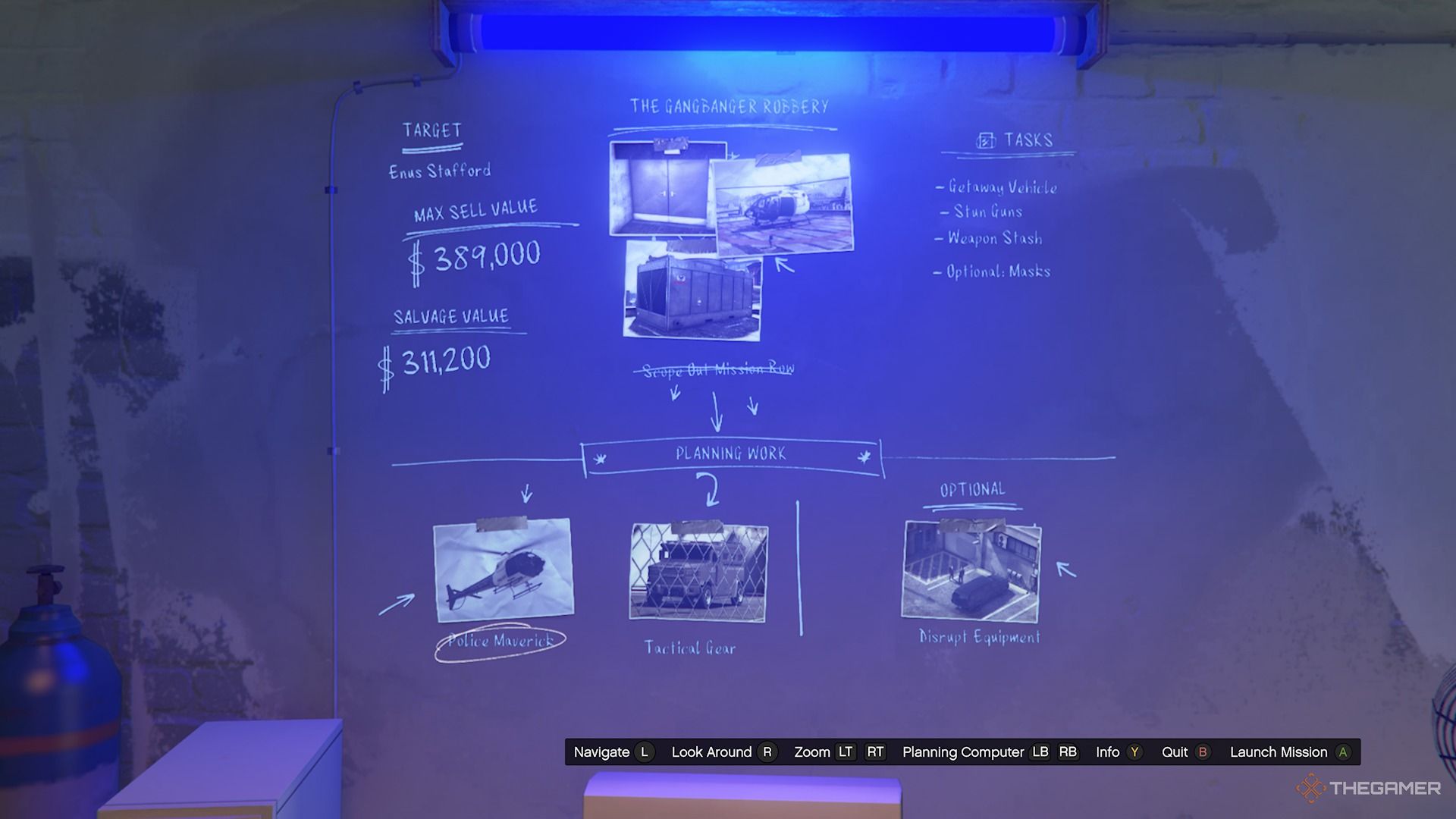 Tablero de planificación de Salvage Yard Grand Theft Auto Online que muestra la configuración del atraco en el juego.