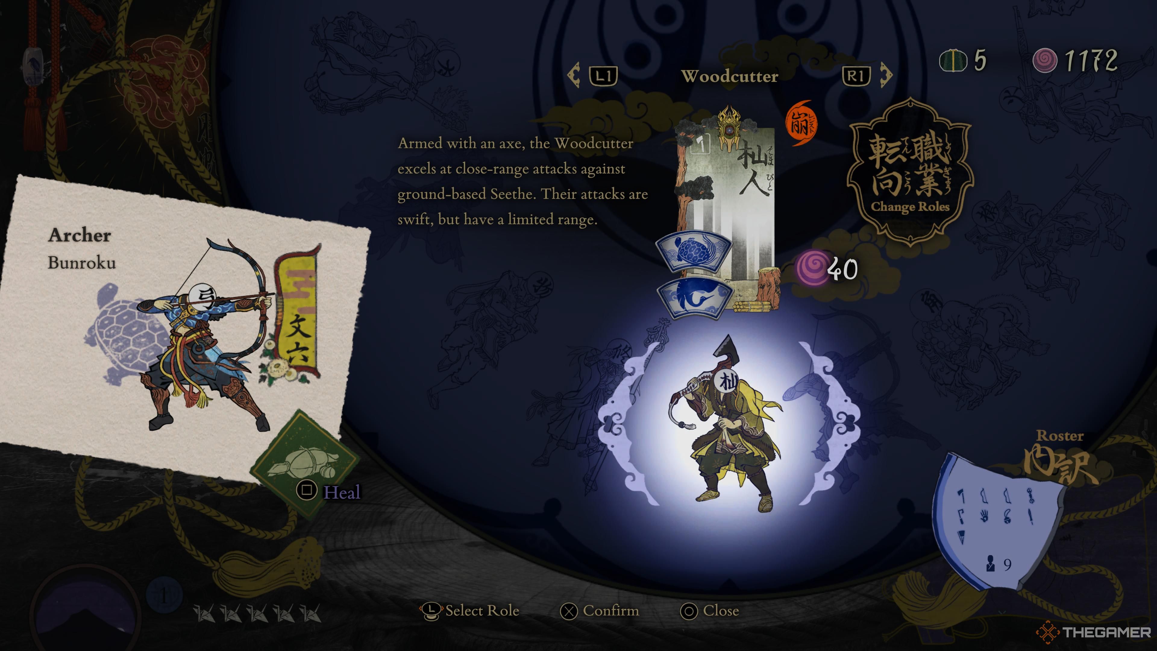 La pantalla de selección de roles en Kunitsu-Gami: Path Of The Goddess resaltando un leñador y un arquero.