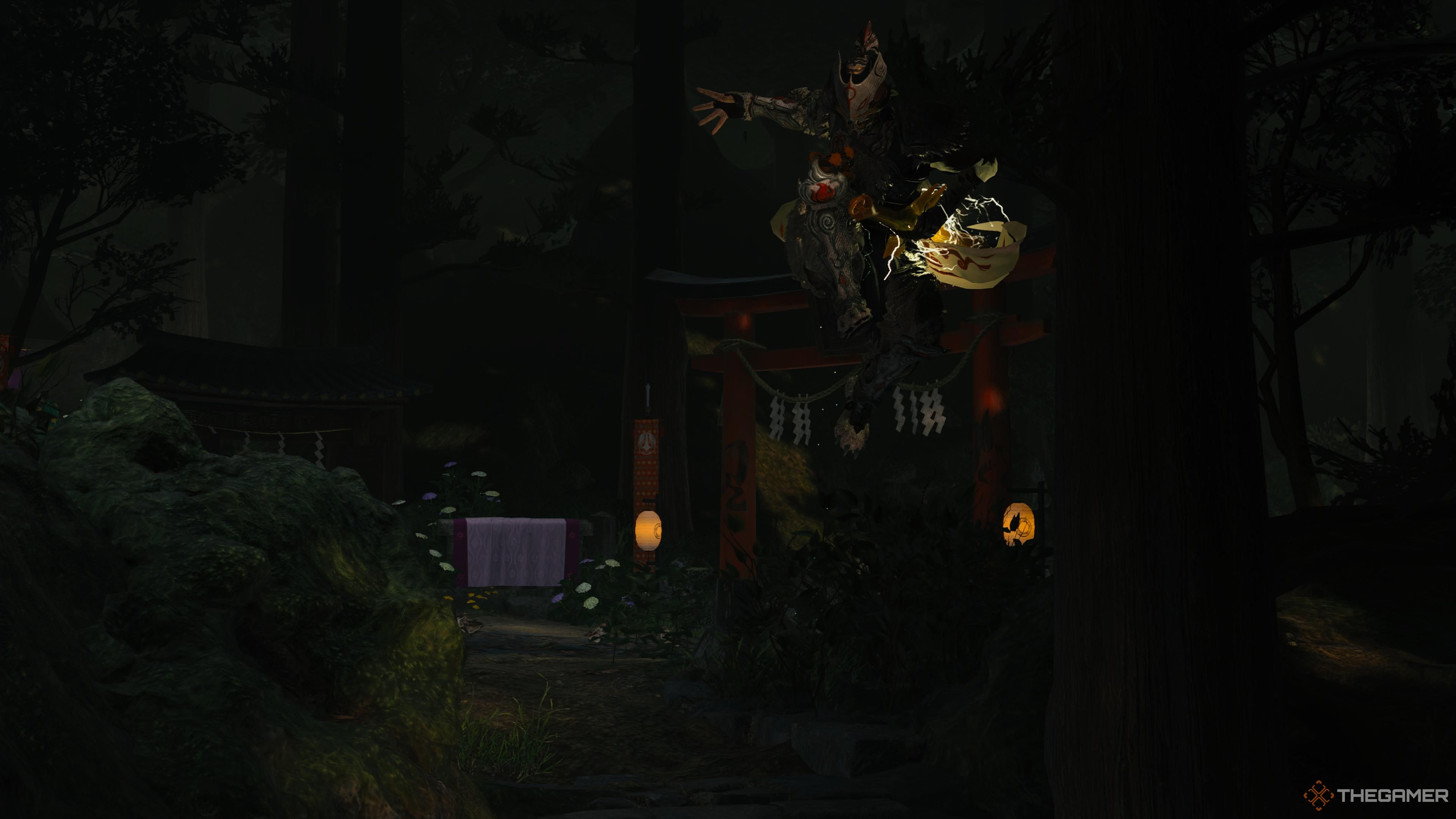 Soh saltando en el aire con el traje de Amaterasu en Kunitsu-Gami: Path of the Goddess.