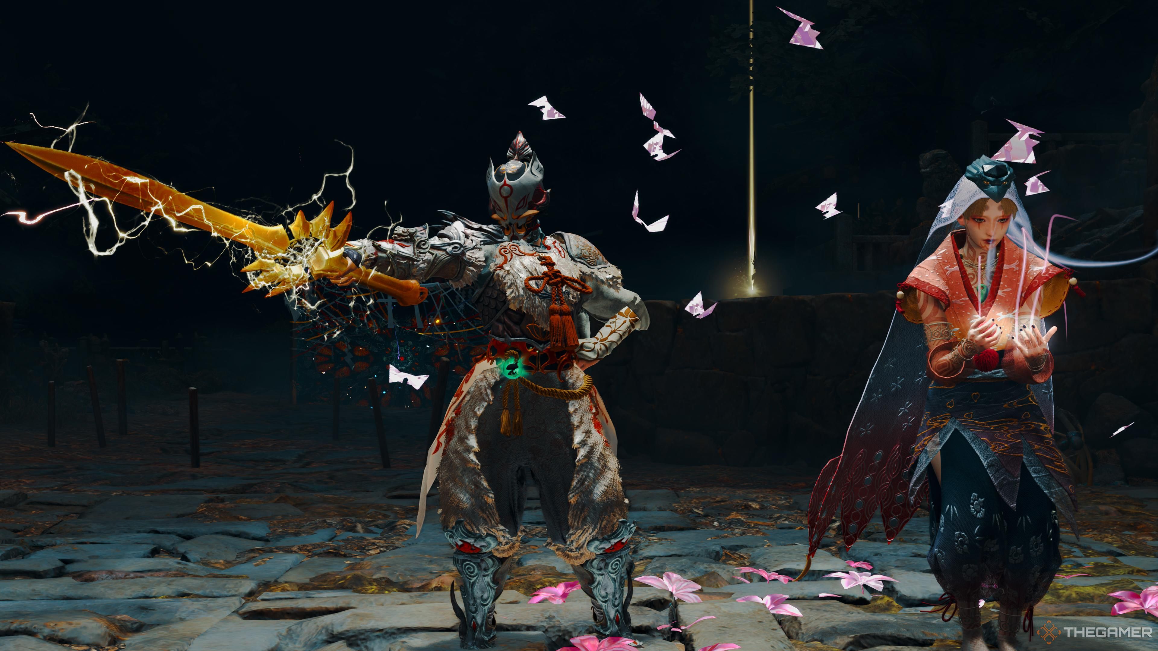 Soh y Yoshiro con los trajes de Amaterasu y Waka respectivamente, con Soh sosteniendo su espada y Yoshiro sosteniendo una luz en sus manos.