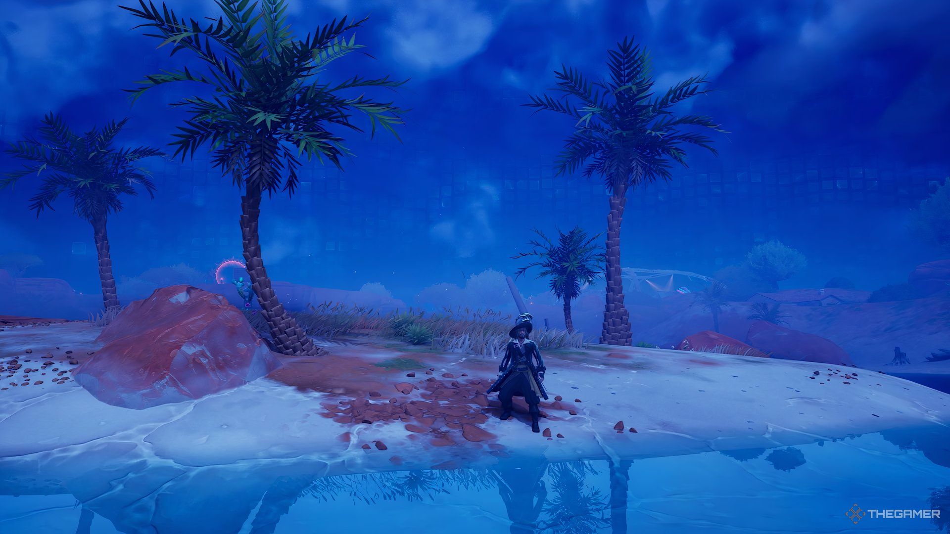 El capitán Barbossa de pie cerca del agua en el borde de una isla en Fortnite.