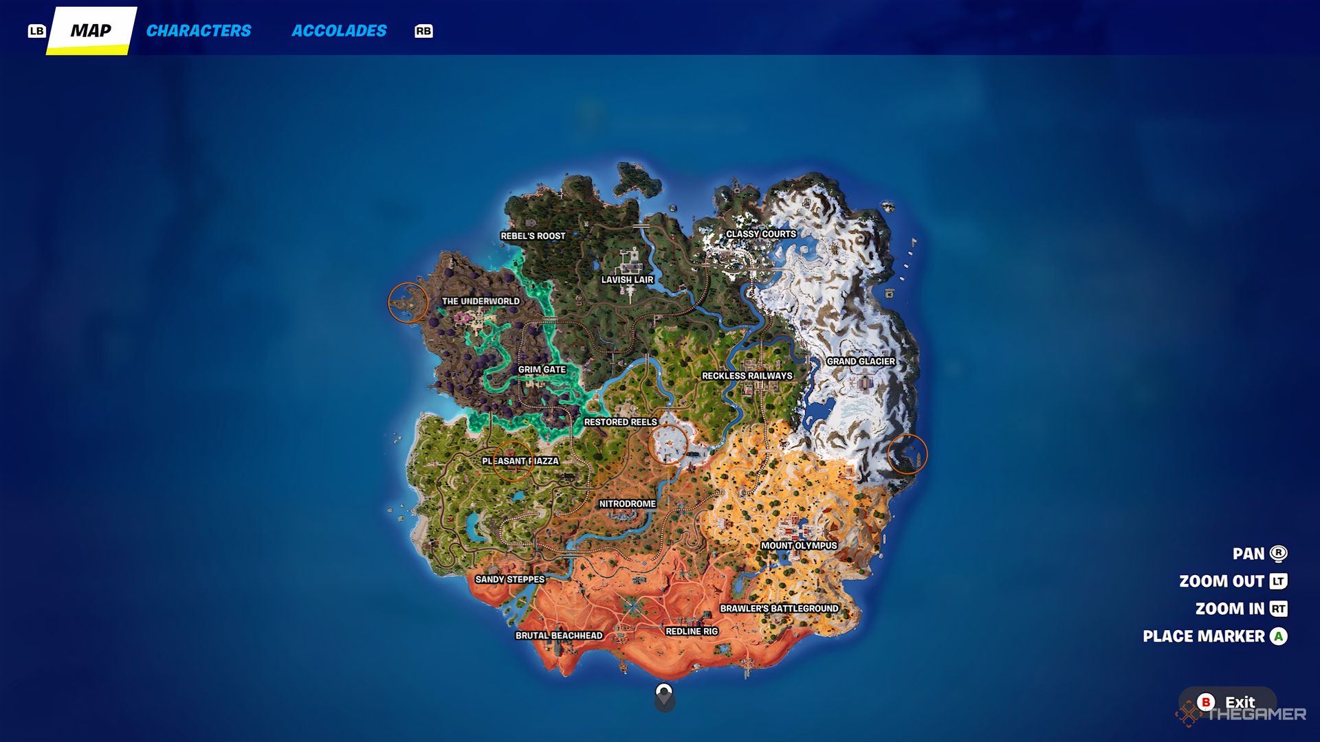 El mapa de Fortnite del capítulo cinco de la temporada dos con círculos que revelan la ubicación de cada NPC pirata.