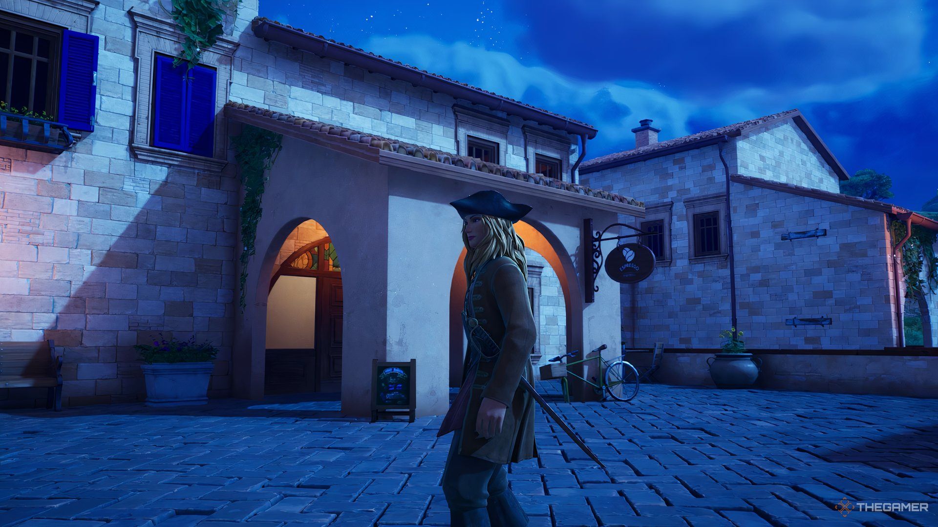 Elizabeth Swann caminando cerca de las tiendas de Pleasant Plaza en Fortnite.