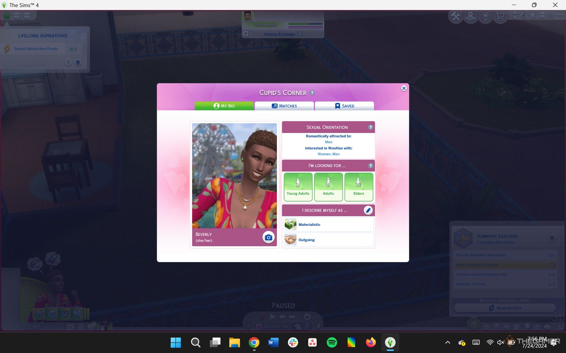 El perfil de un Sim en el Rincón de Cupido en Los Sims 4 Enamorados.