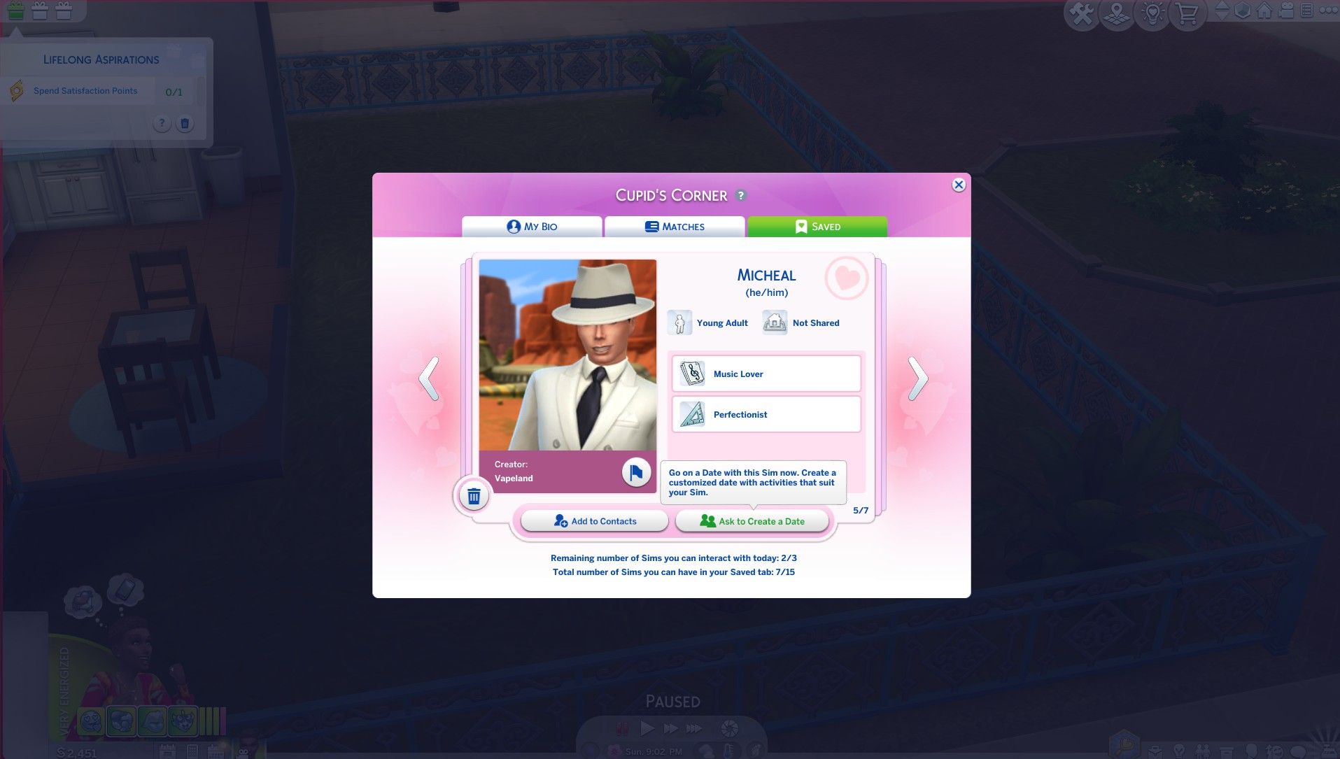 Michael Jackson en la aplicación de citas Los Sims 4 Lovestruck Cupid's Corner.