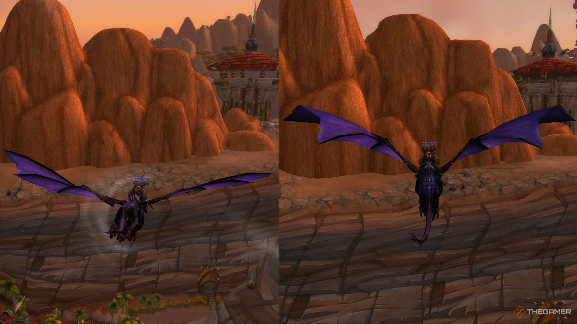 Skyriding (izquierda) y conducción normal (derecha) uno al lado del otro en World of Warcraft: The War Within.