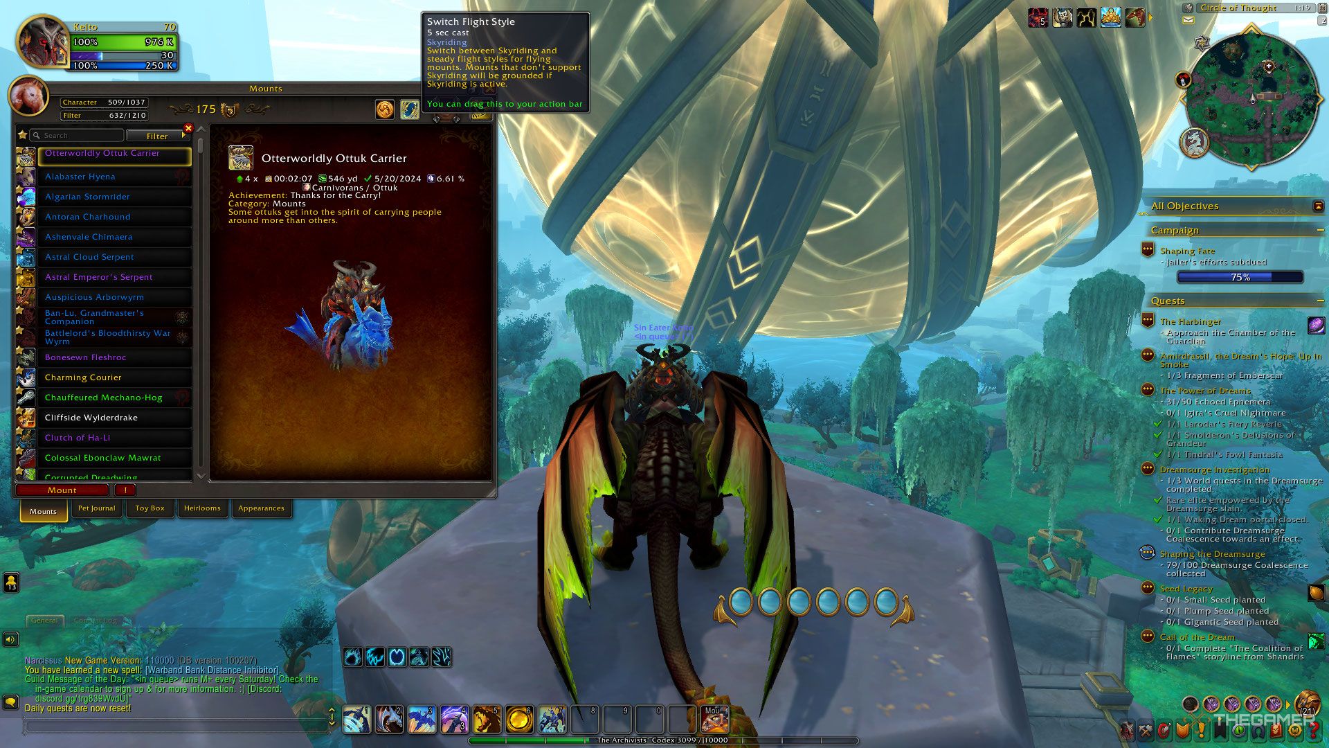 Al pasar el cursor sobre la opción Cambiar estilos de vuelo, aparece el diario de monturas en World of Warcraft: The War Within