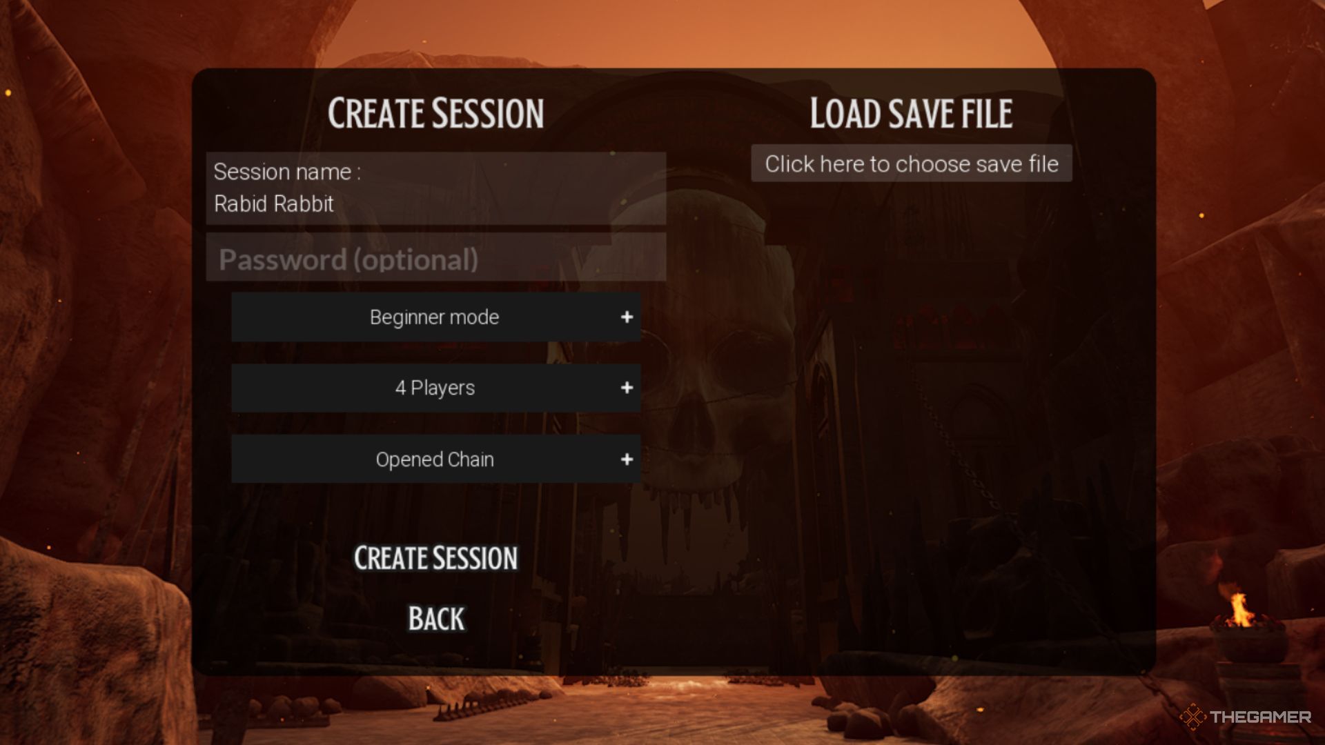 Se muestra el menú Crear sesión en Chained Together.
