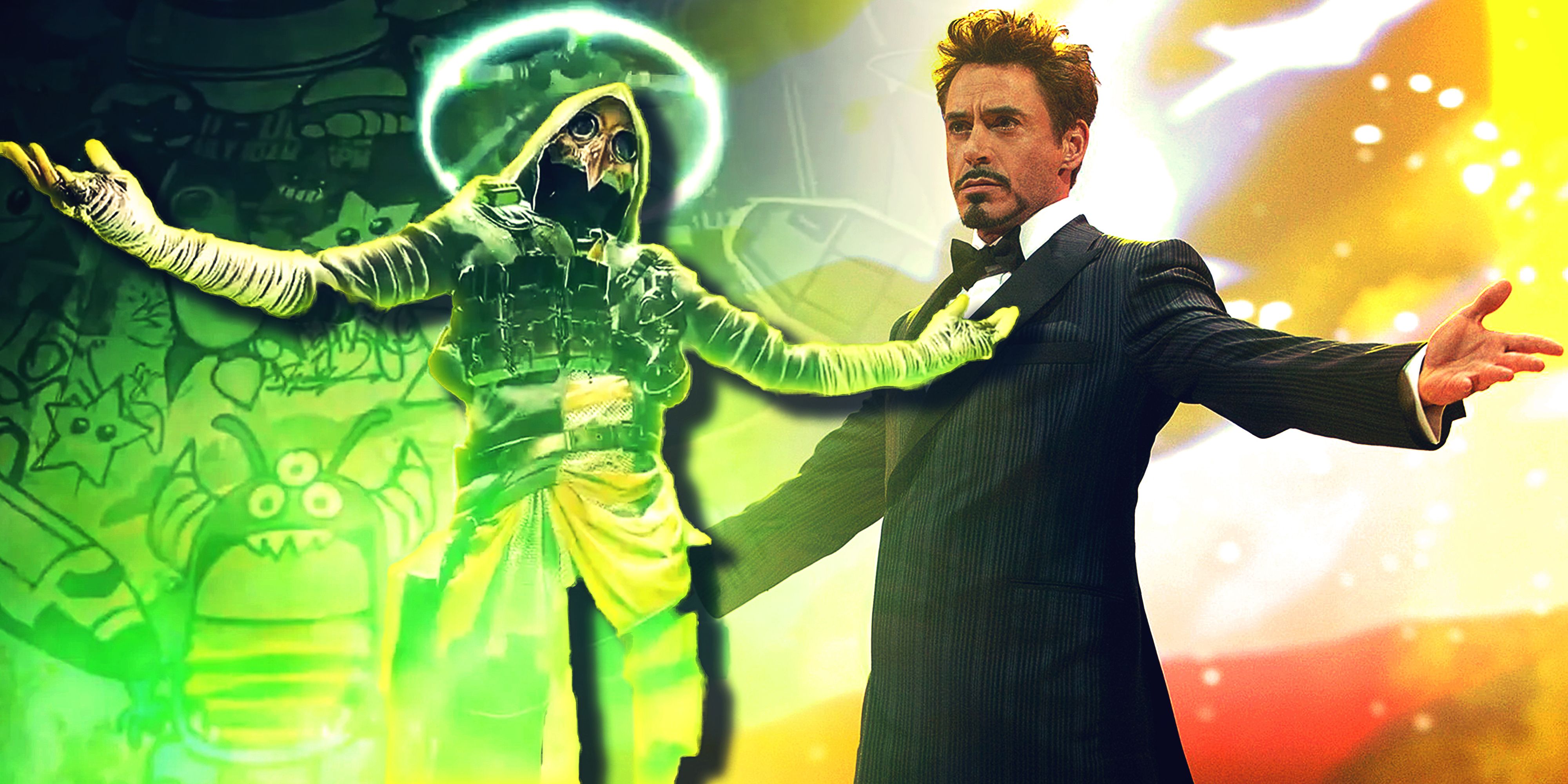Robert Downey Jr. y un personaje de videojuego de XDefiant con un sombrero verde y brillo verde.