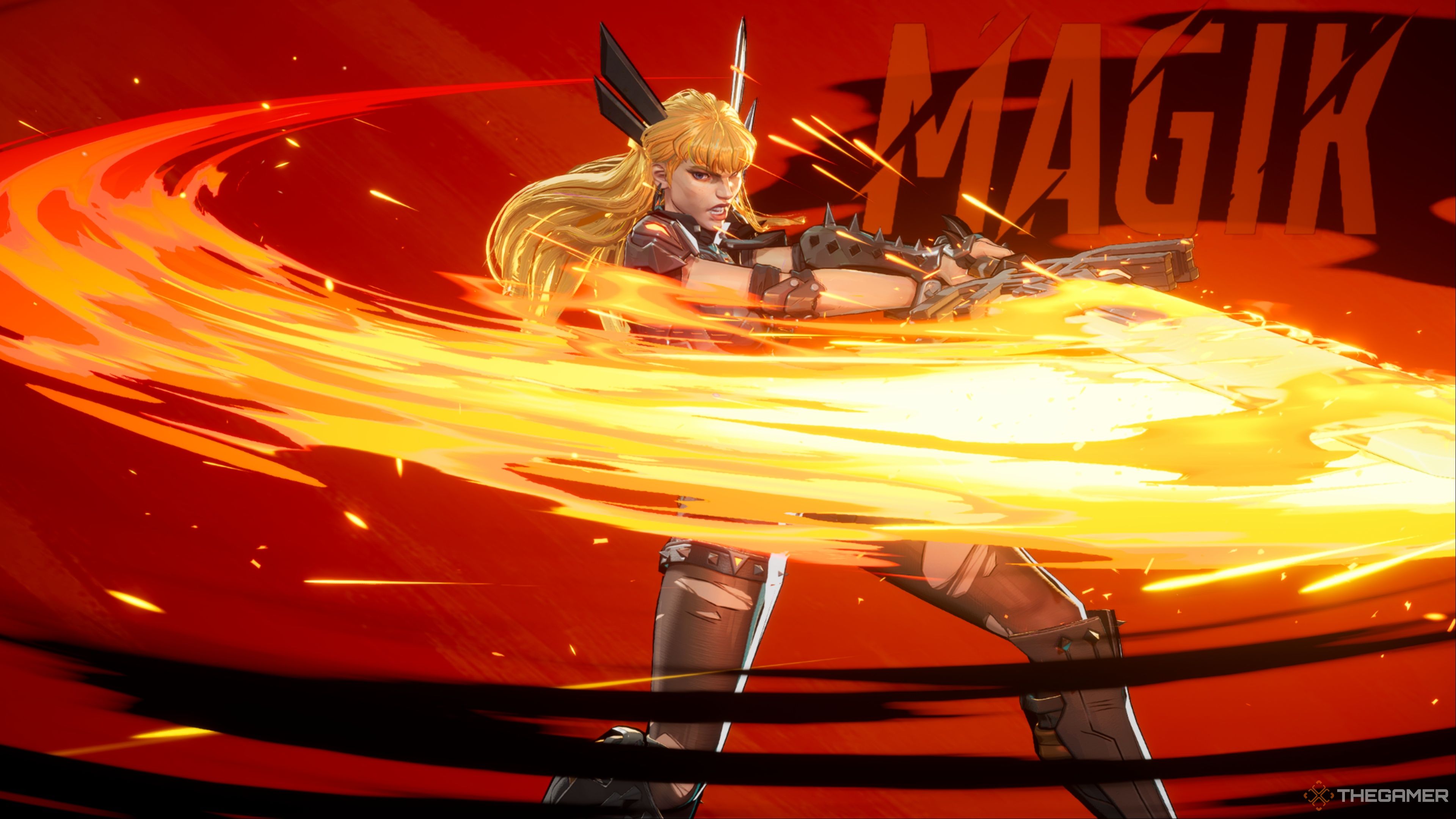 Magik balancea su Soulsword a través de la pantalla horizontalmente con una mirada feroz en su rostro mientras está frente a un fondo negro y rojo en Marvel Rivals.