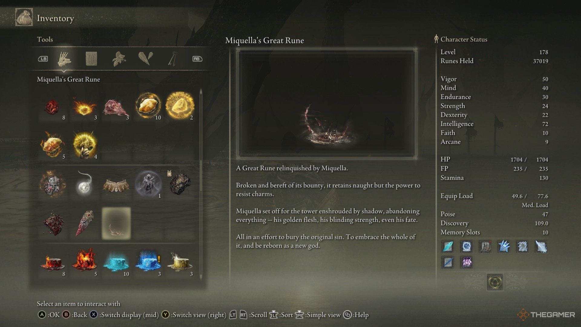 La descripción de la Gran Runa de Miquella se muestra en el inventario.