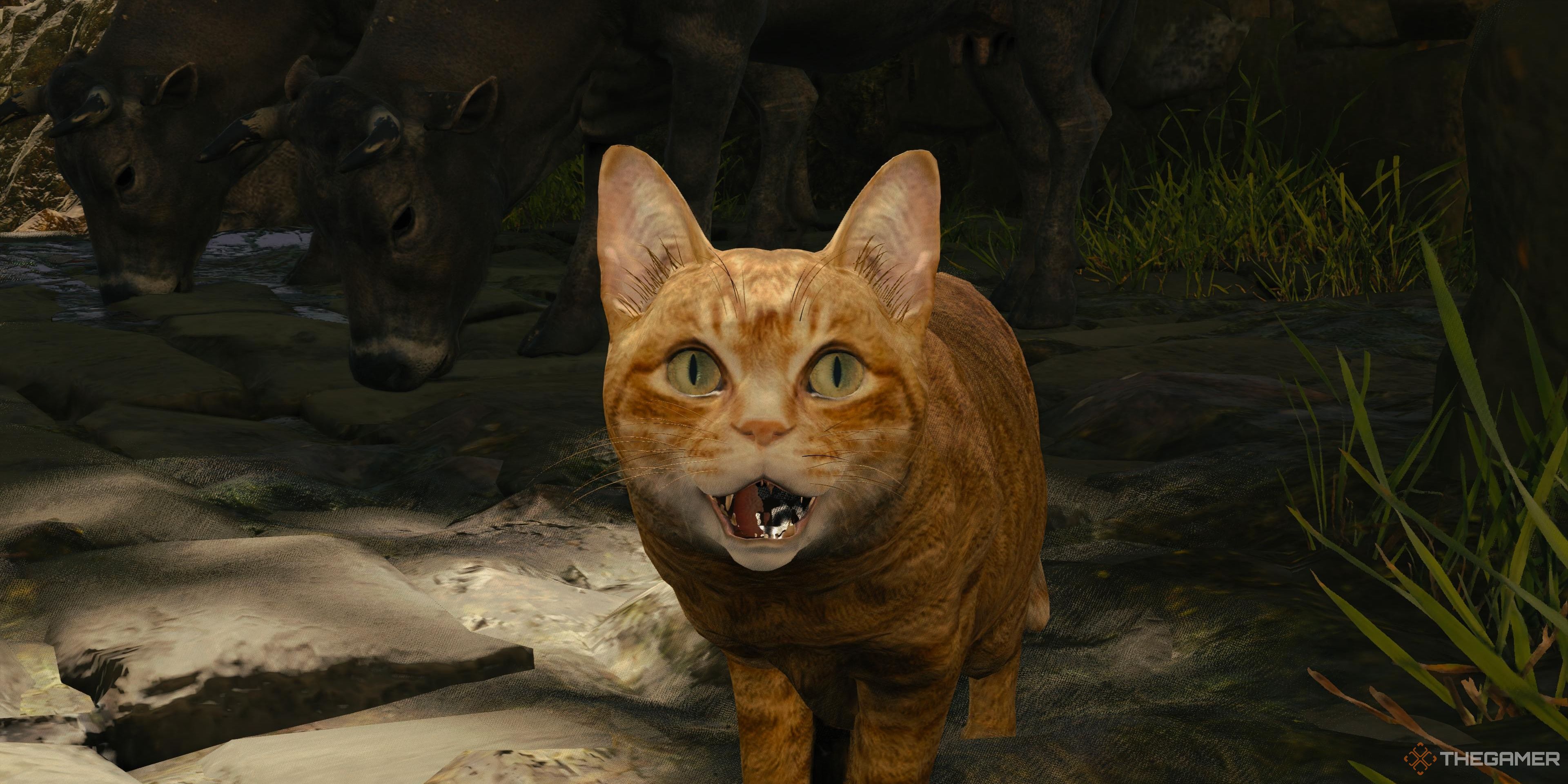 Un primer plano de un gato con la boca abierta y vacas en el fondo en Kunitsu-Gami: Path of the Goddess.
