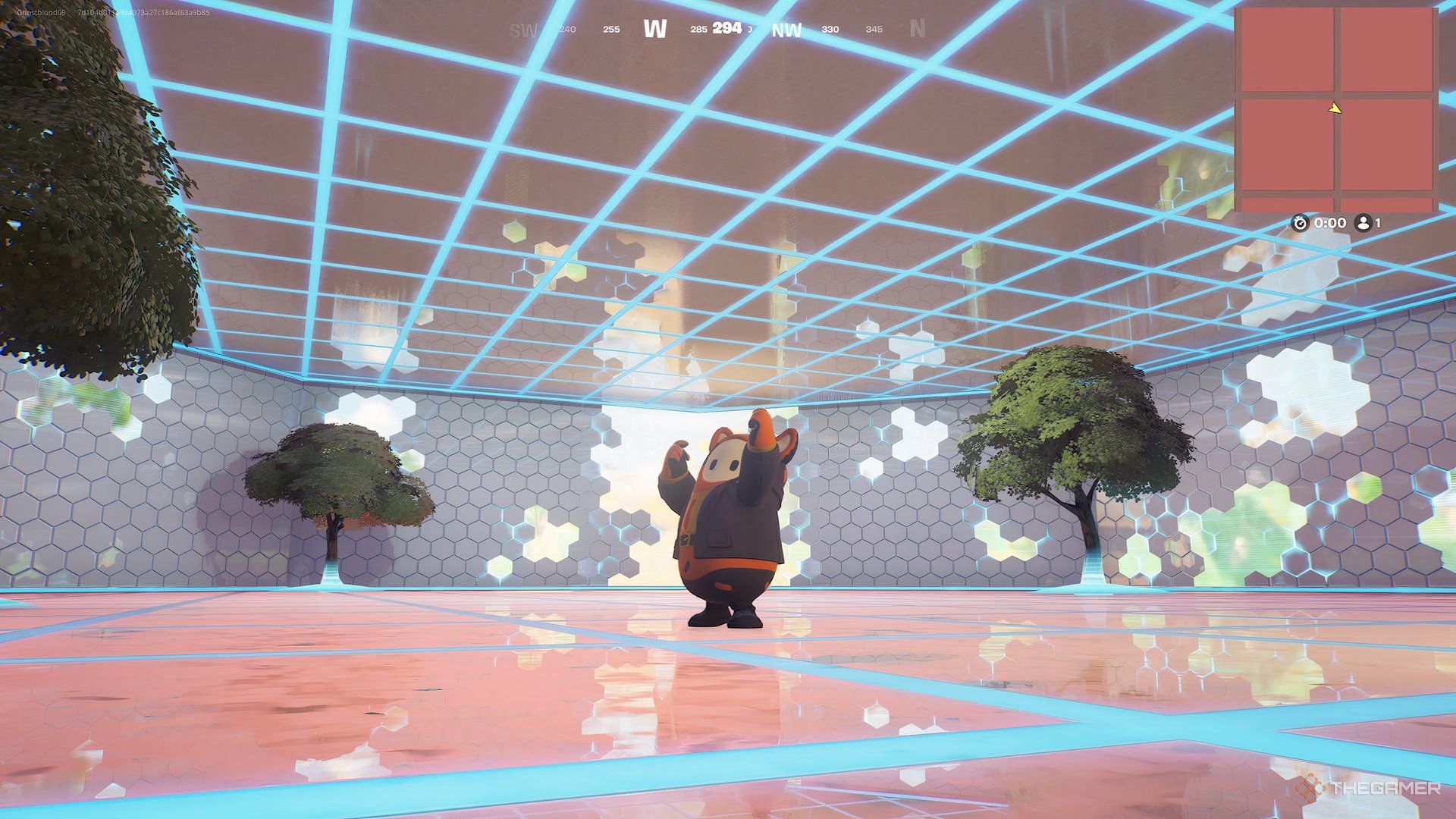 El Oscar de Fall Guys Bean muestra su emoción señalando con las manos en el lobby del modo Creativo en Fortnite.
