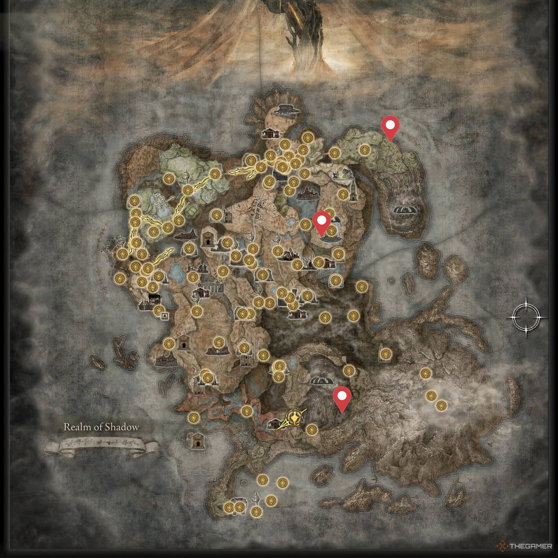 Mapa de Elden Ring Shadow of the Erdtree con las ubicaciones de duplicación de Remembrance marcadas