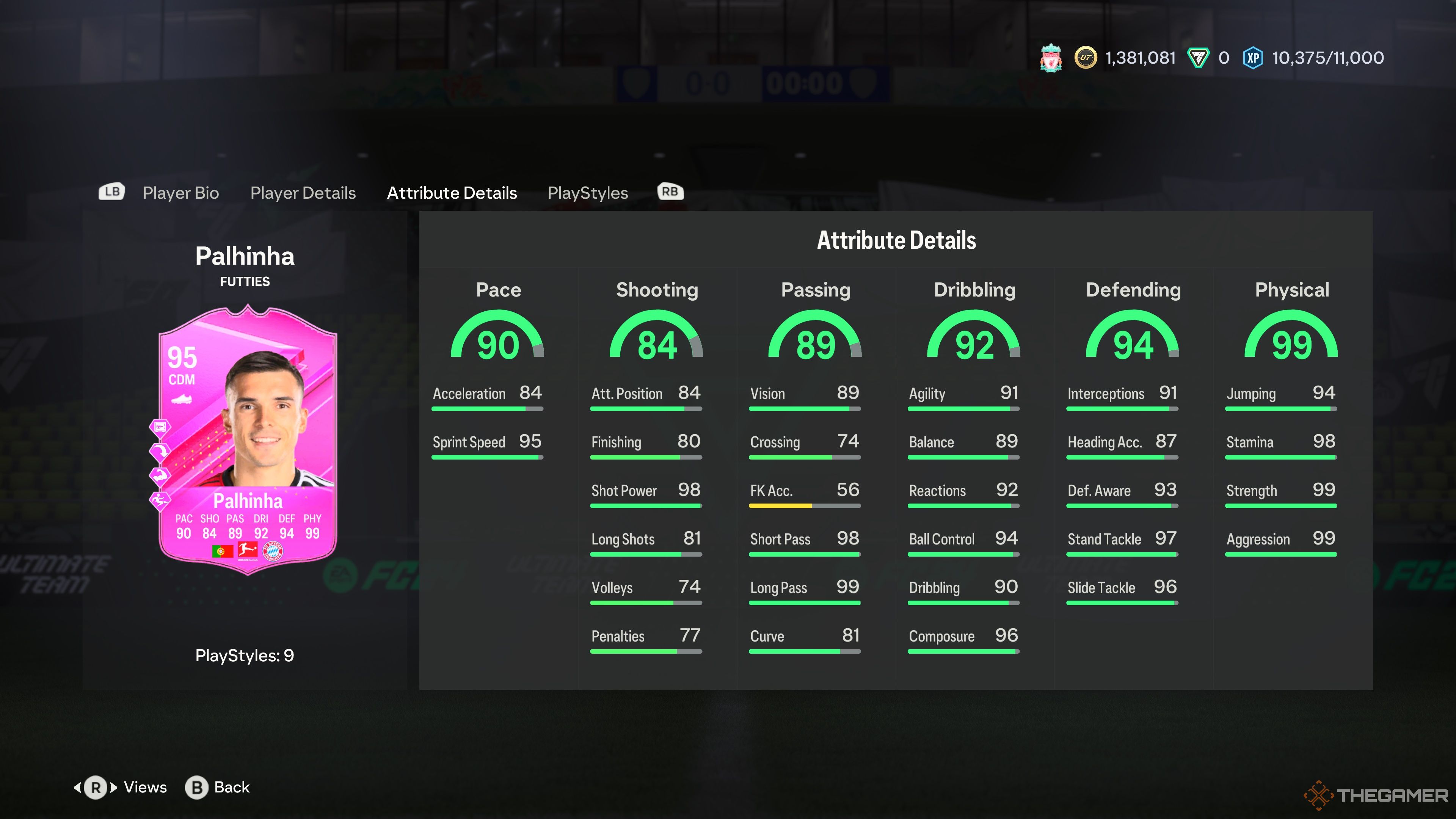 Atributos de la tarjeta desafío FUTTIES de João Palhinha en el menú de EA Sports FC 24.