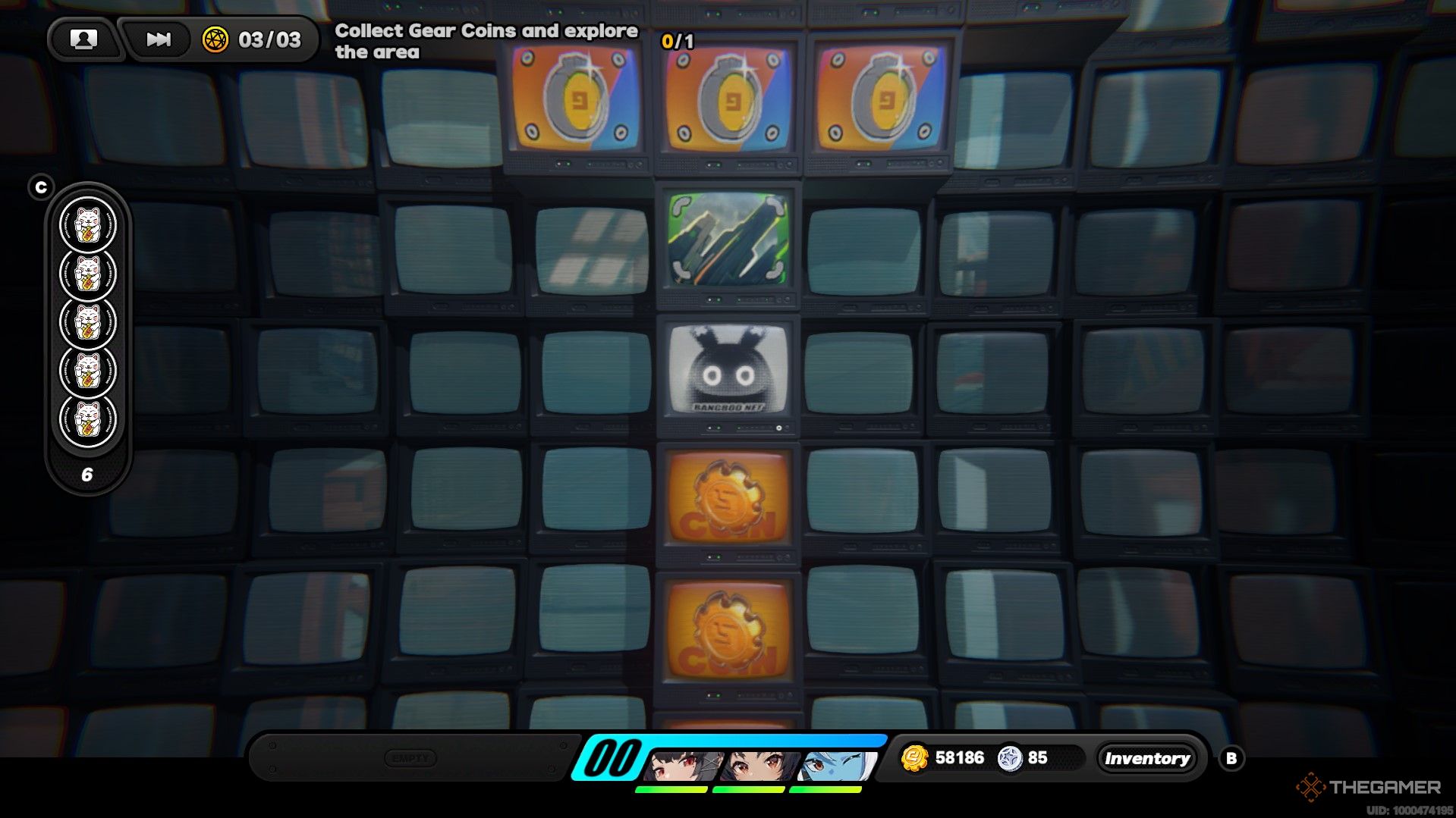 Un bangboo en el HDD rodeado de Gear Coins y cristales brillantes en Zenless Zone Zero.