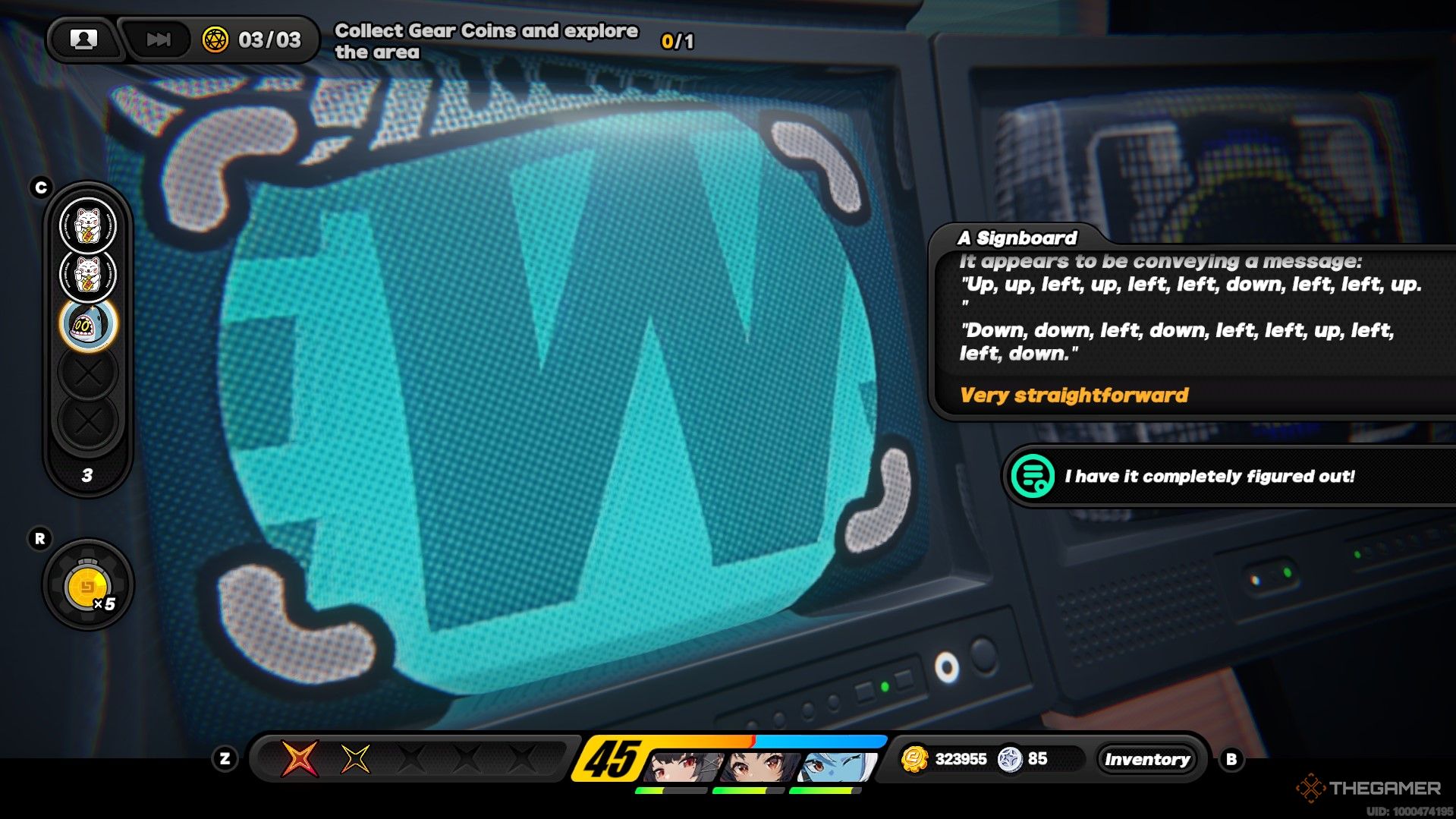 Una gran W en una pantalla azul con un cuadro de texto a la derecha en Zenless Zone Zero.