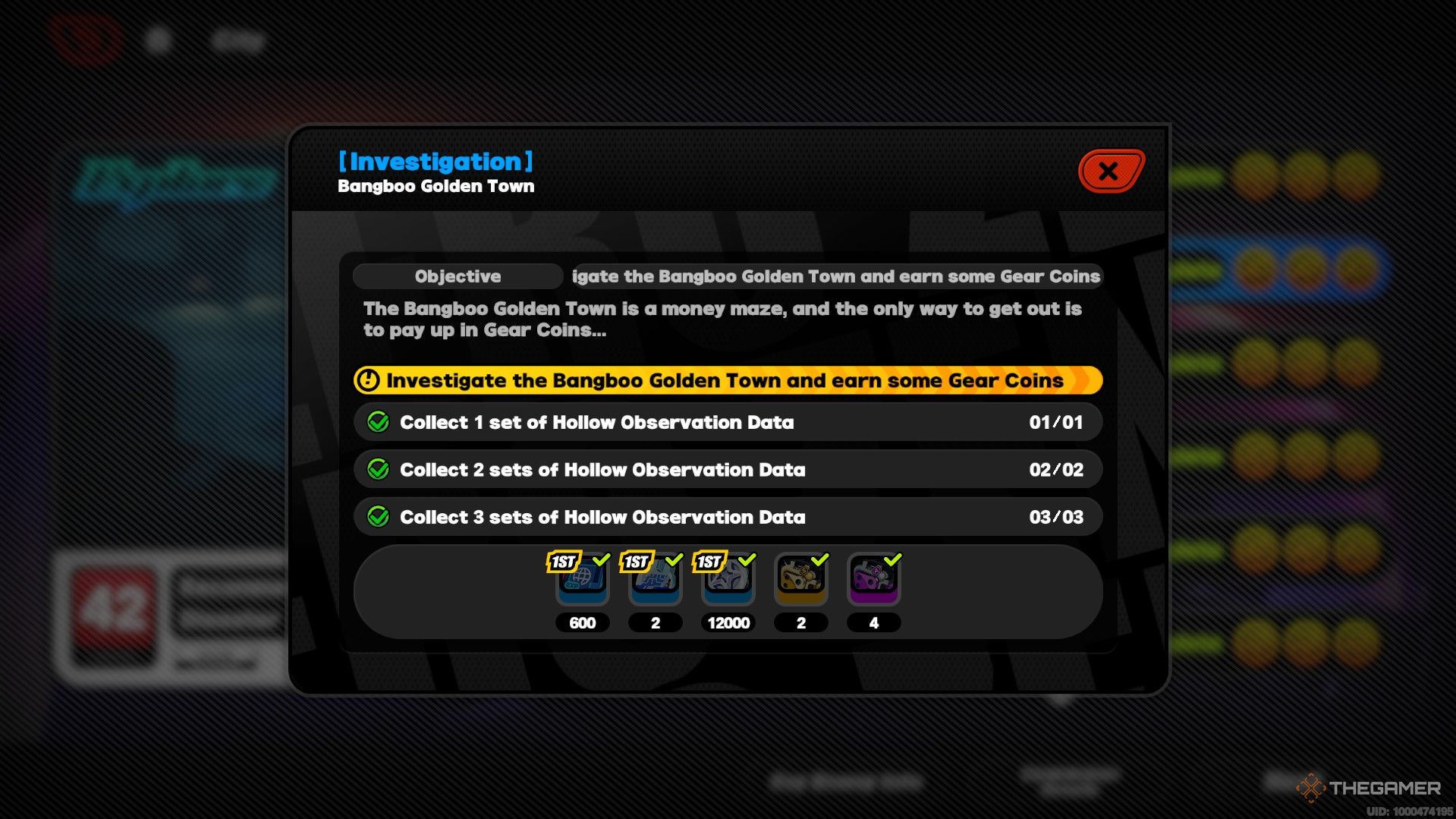 La página de información de recompensas de Bangboo Golden Town en Zenless Zone Zero.