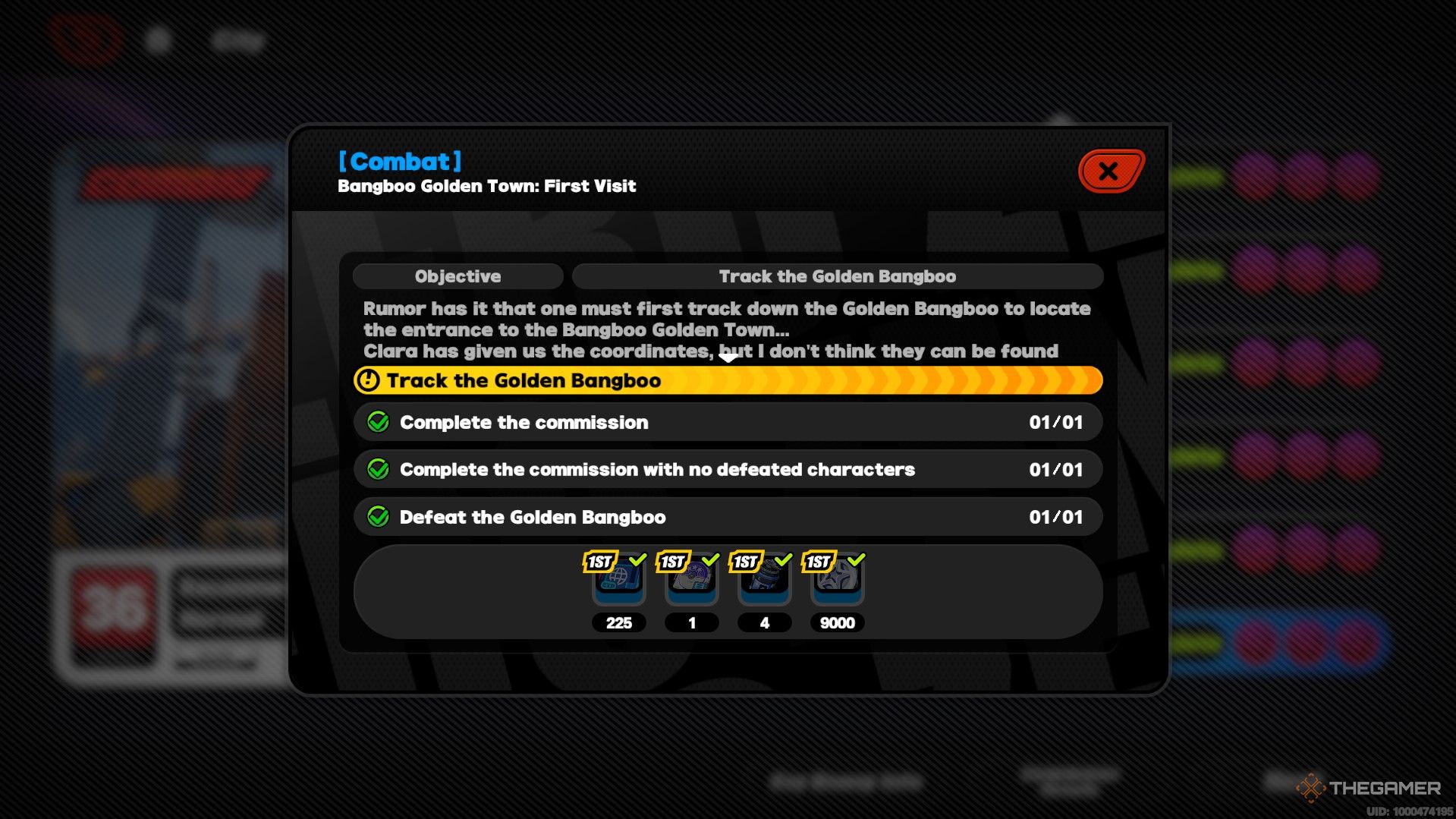 La página de recompensas e información para la comisión de Bangboo Golden Town: Primera visita en Zenless Zone Zero.