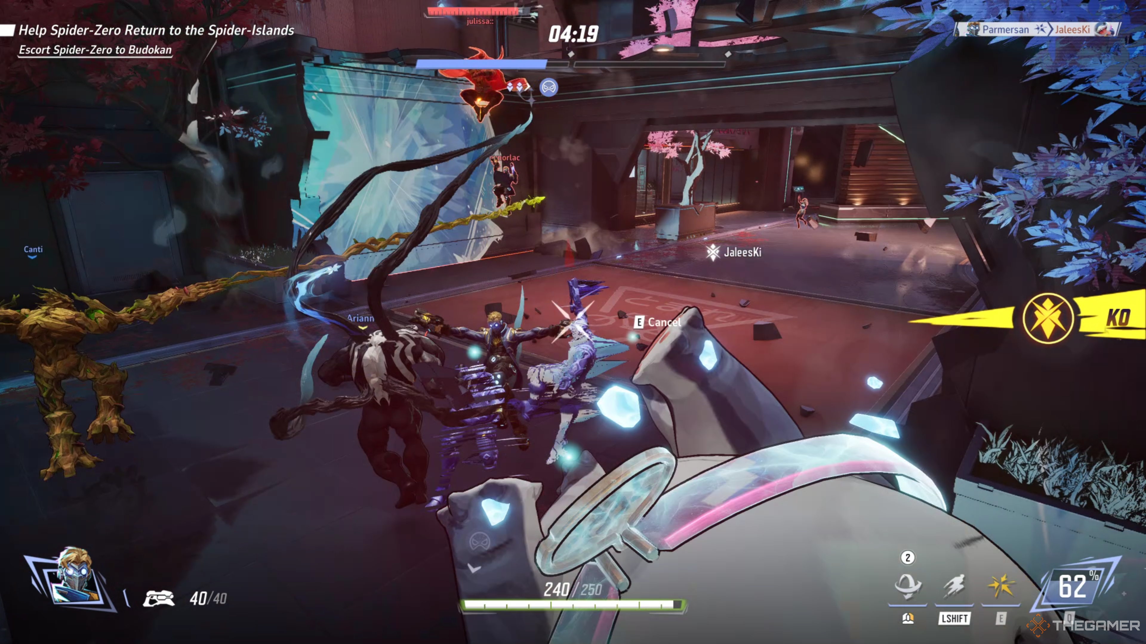 Star-Lord ejecutando su habilidad Blaster Barrage en Marvel Rivals, infligiendo daño a todos los enemigos a su alrededor y logrando un KO sobre Jeff the Land Shark.