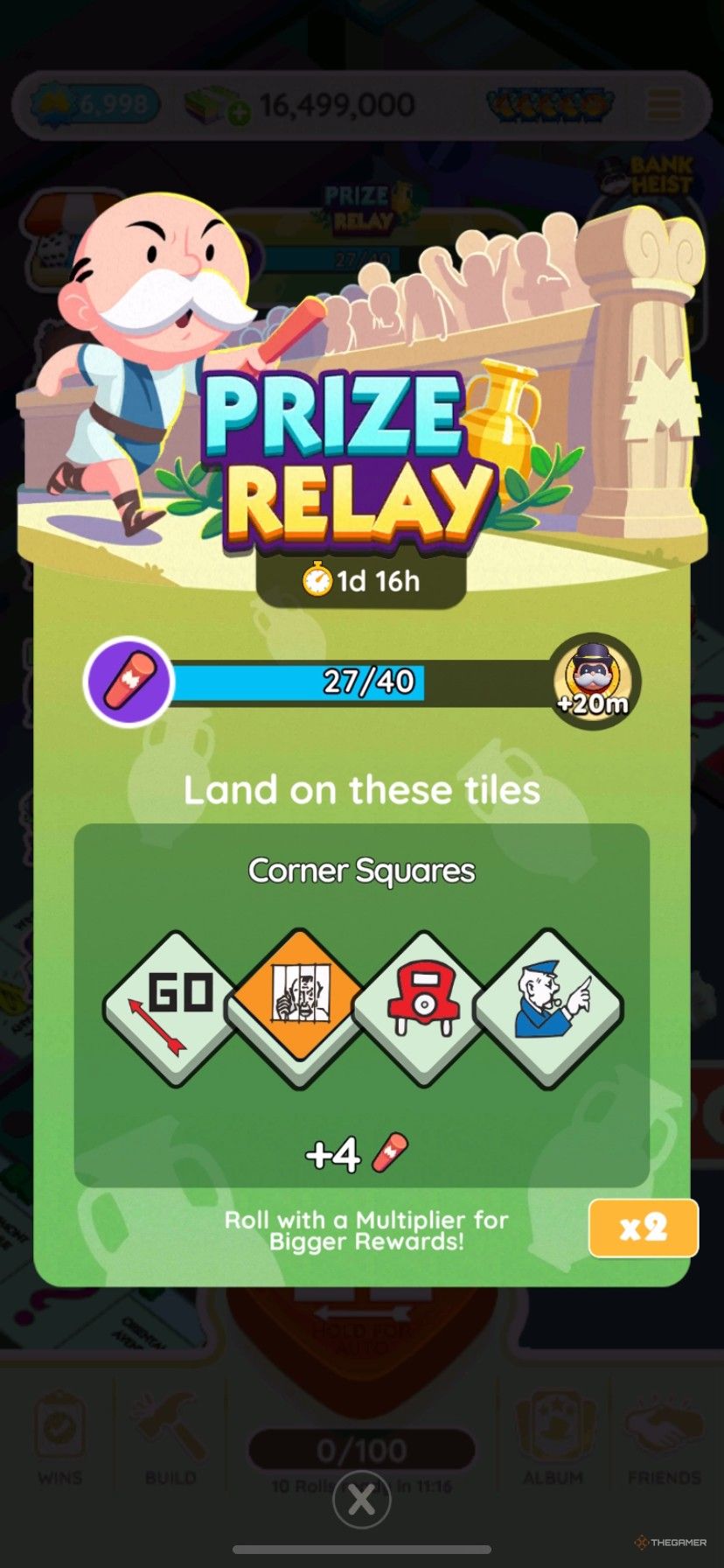 La pantalla de inicio del evento Prize Relay en Monopoly Go que te indica que debes aterrizar en las fichas de las esquinas.