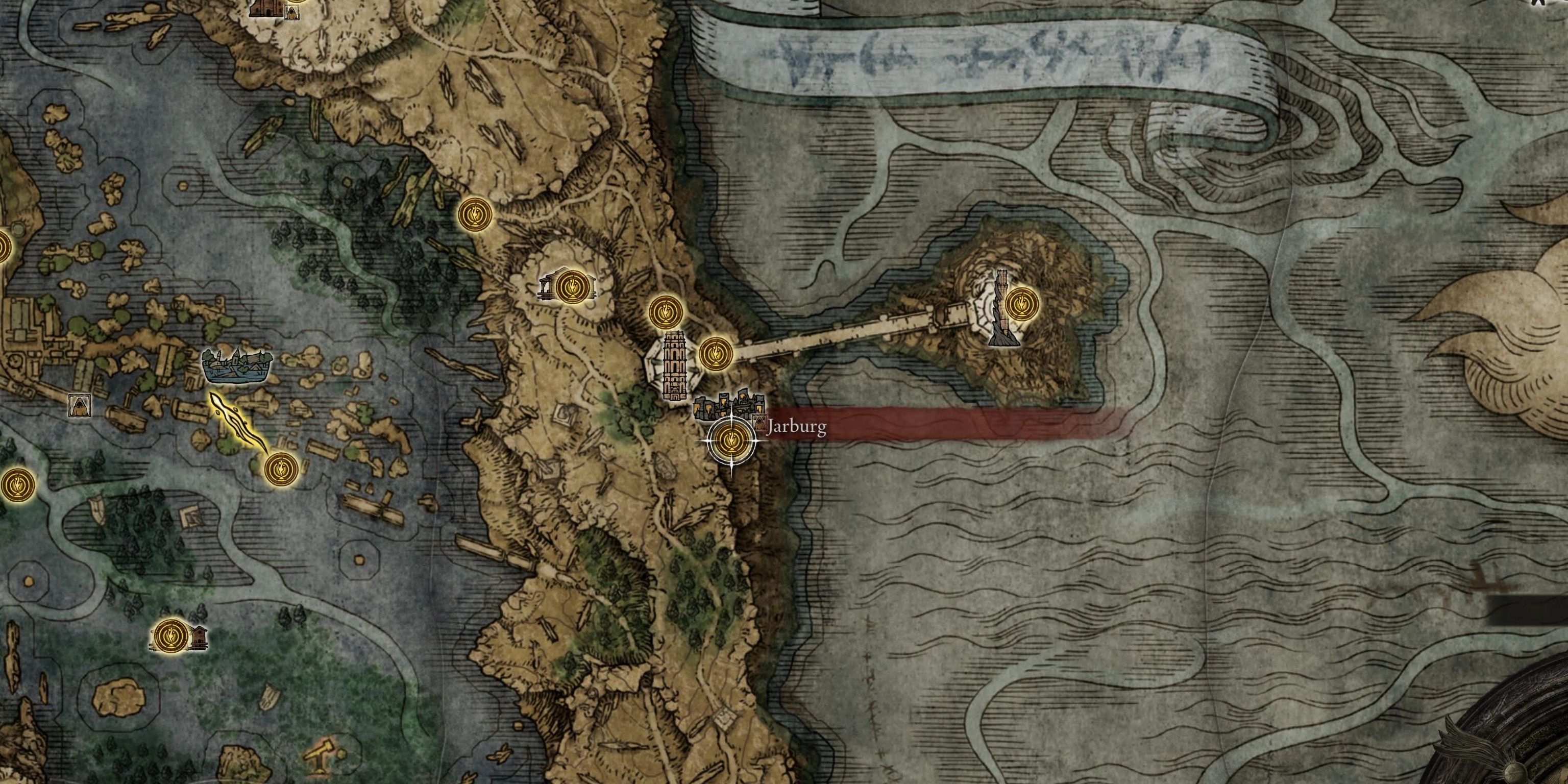 La ubicación de Jarburg en el mapa en Elden Ring.