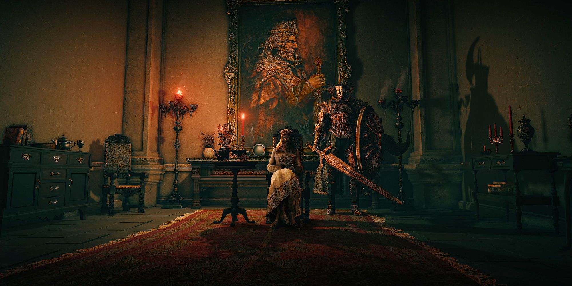 Tanith se sentó junto a su caballero del Crisol frente a una pintura en Volcano Manor en Elden Ring.