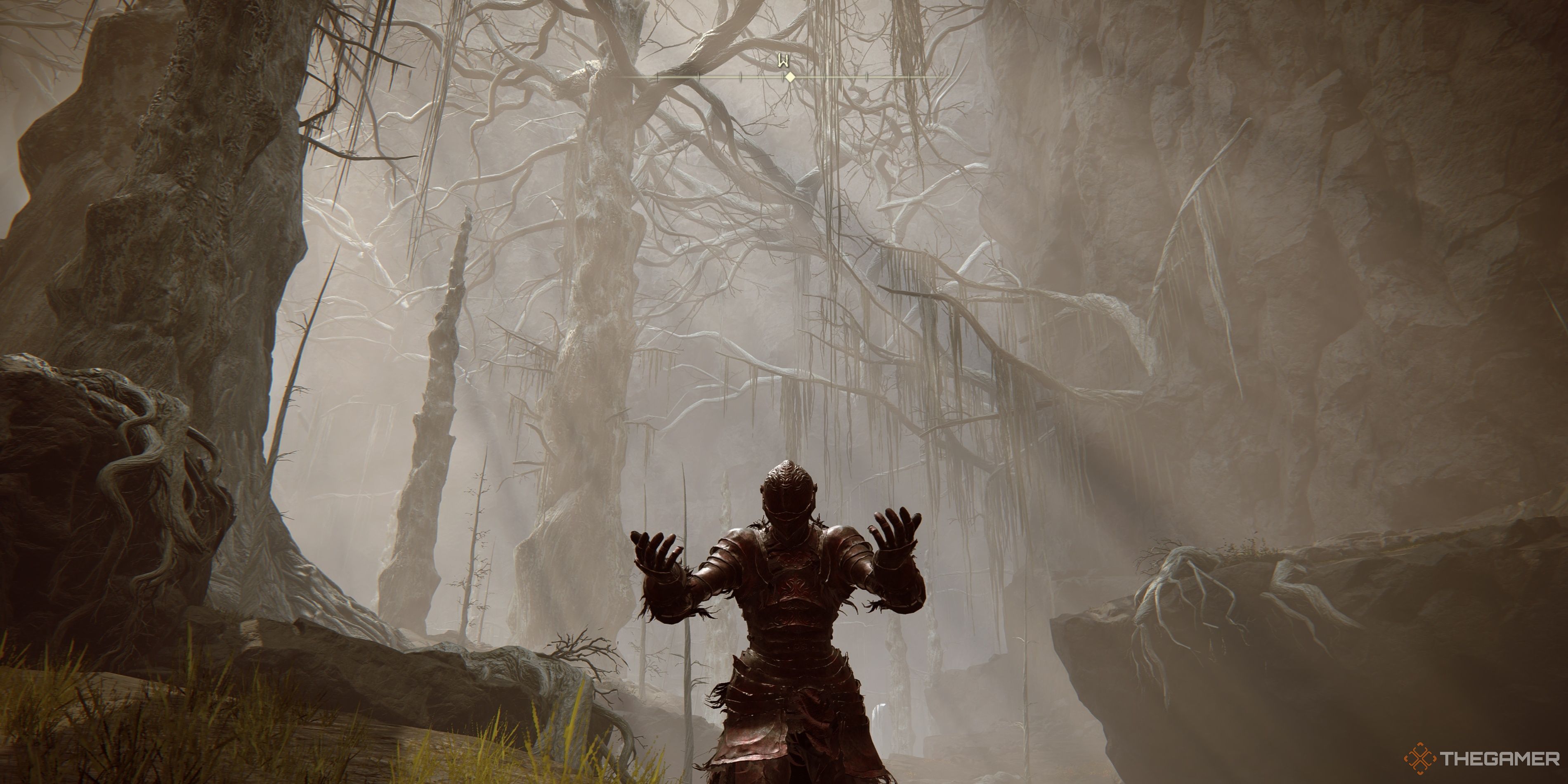 El Deslucido se arrodilla en el Bosque Abisal en Elden Ring: Shadow of the Erdtree.