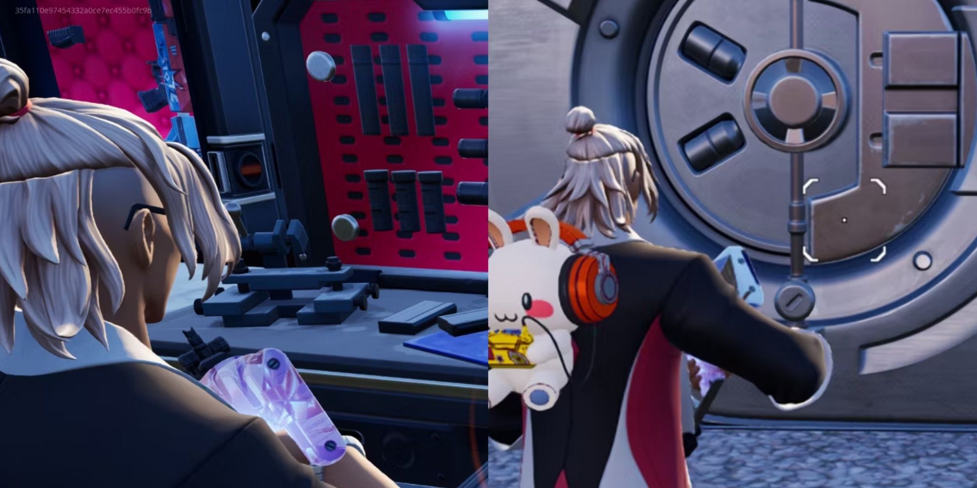 Jugador de Fortnite frente a la cama de modificación de armas y la bóveda de armas