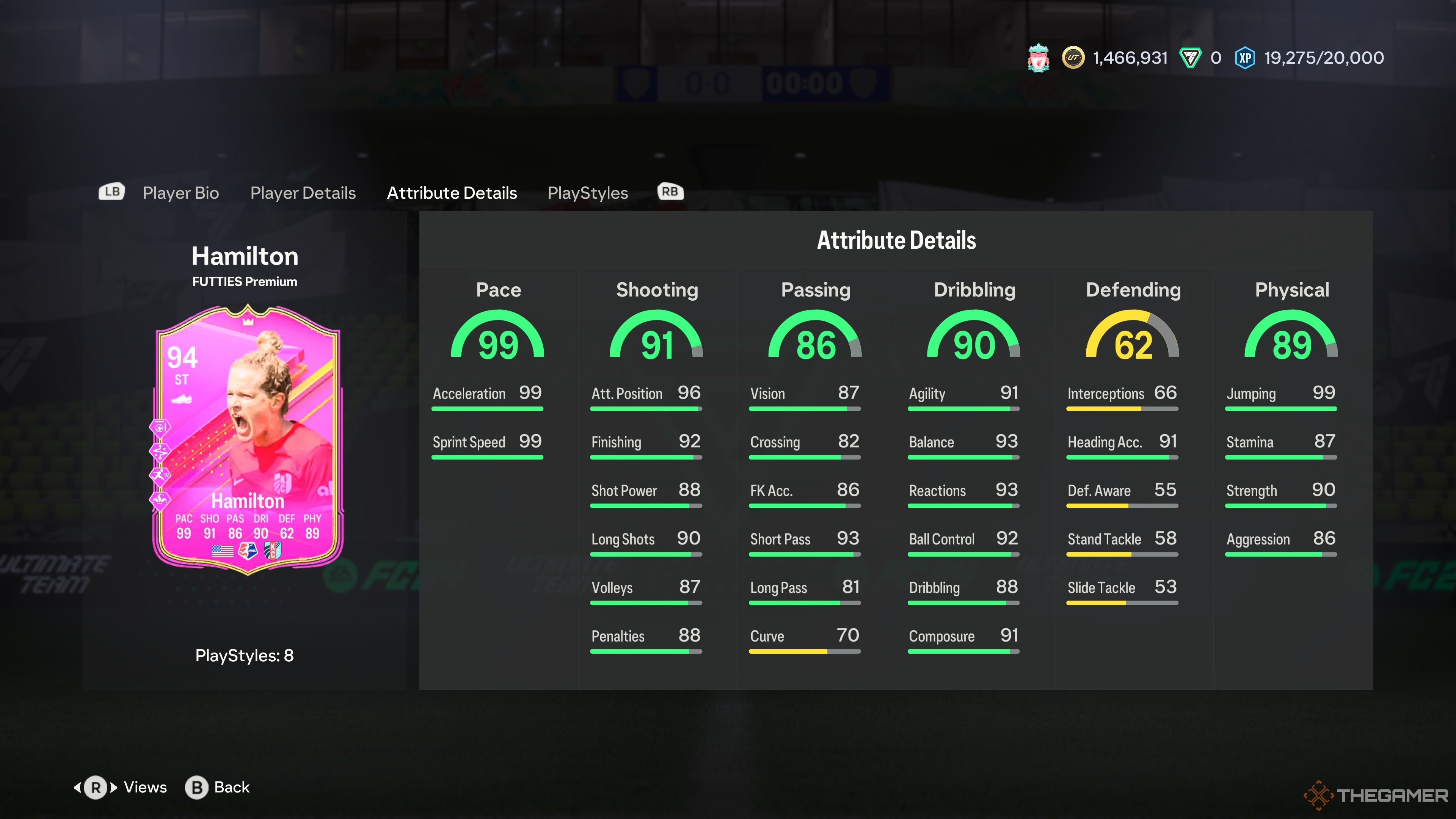 Atributos de la tarjeta FUTTIES de Kristen Hamilton en el menú de EA Sports FC 24.