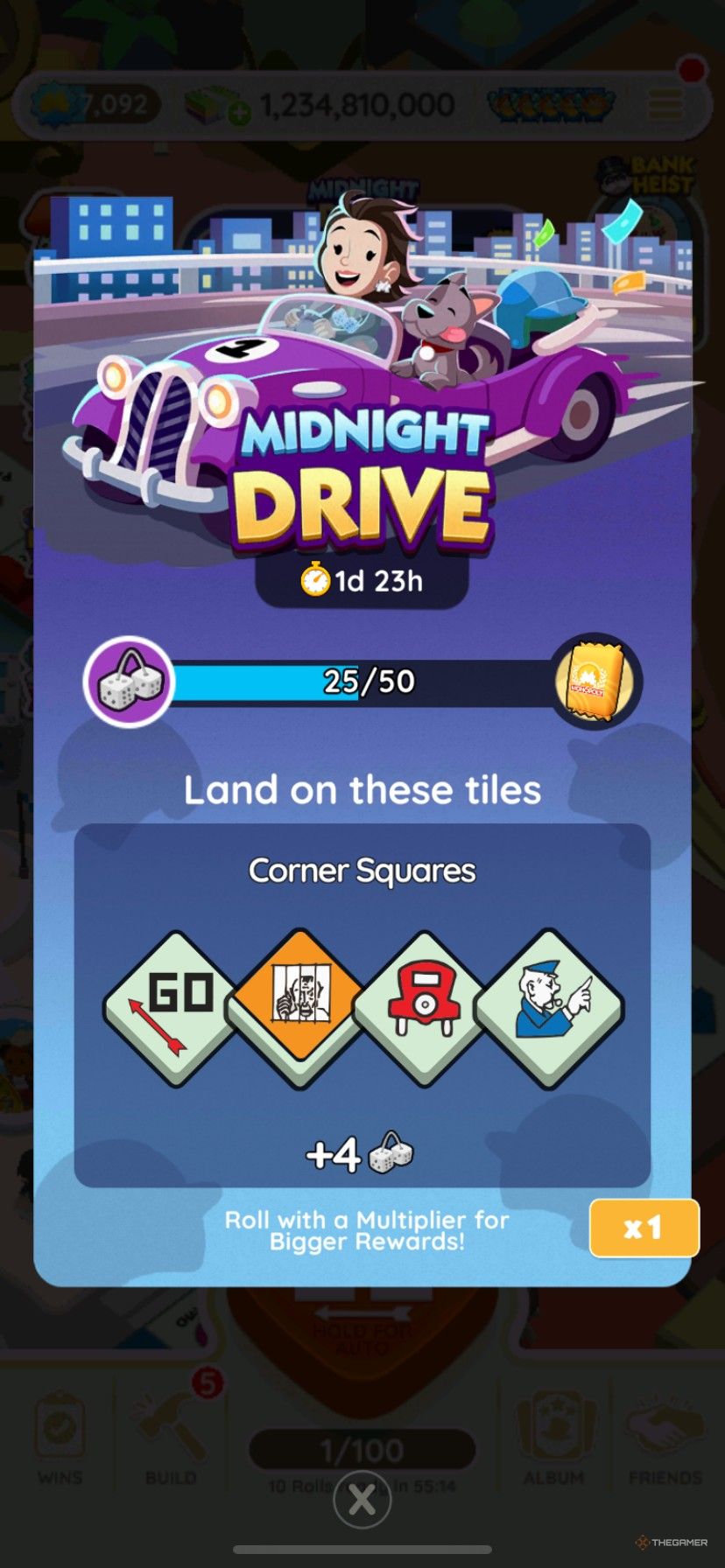 Pantalla de inicio del evento Midnight Drive en Monopoly Go.