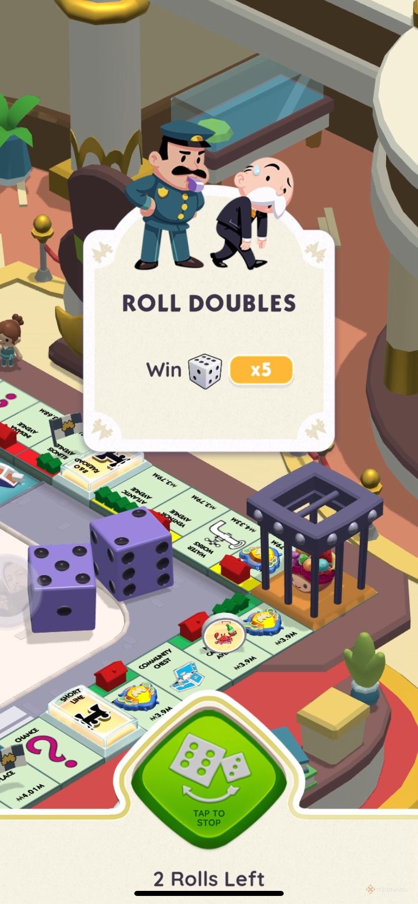 Dobles rodantes en la cárcel durante el evento Midnight Drive en Monopoly Go.
