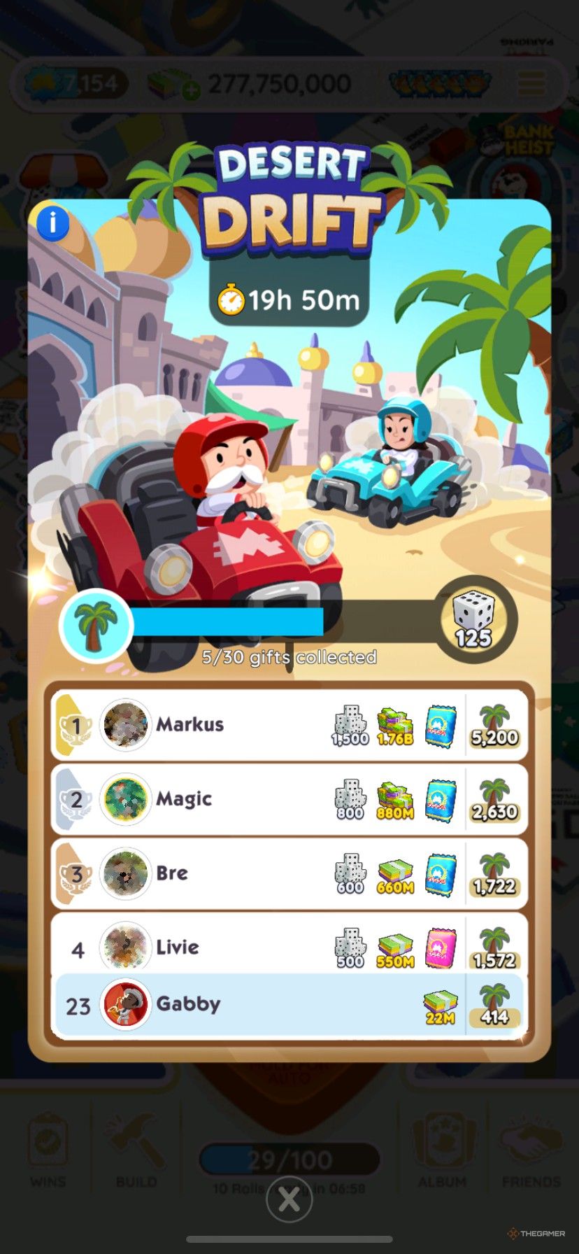 Una tabla de clasificación durante Desert Drift en Monopoly Go.