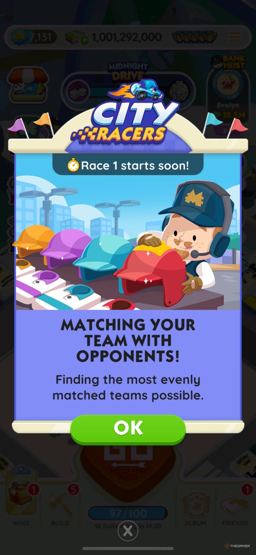 Ser emparejado con un equipo contrario en City Racers en Monopoly Go.