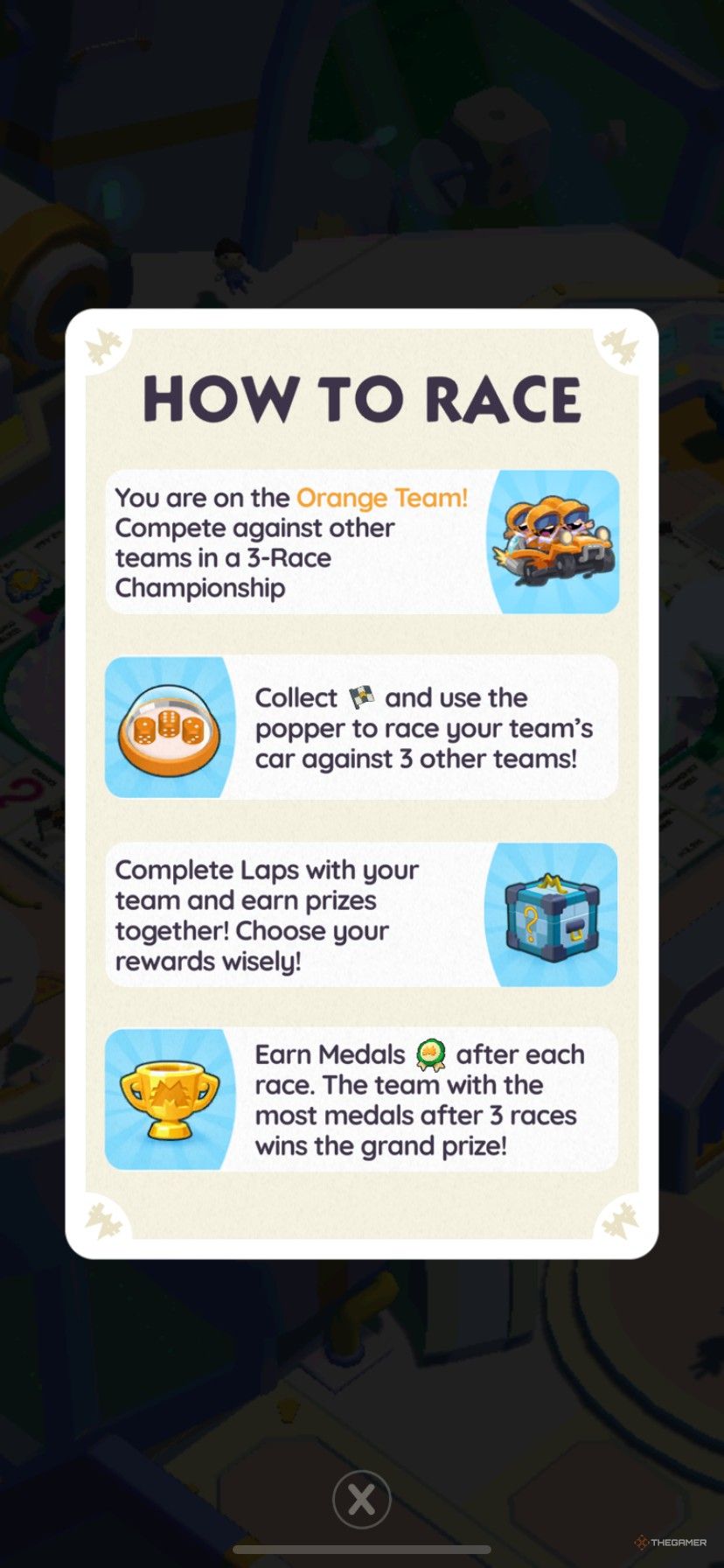 Instrucciones sobre cómo jugar City Racers en Monopoly Go.